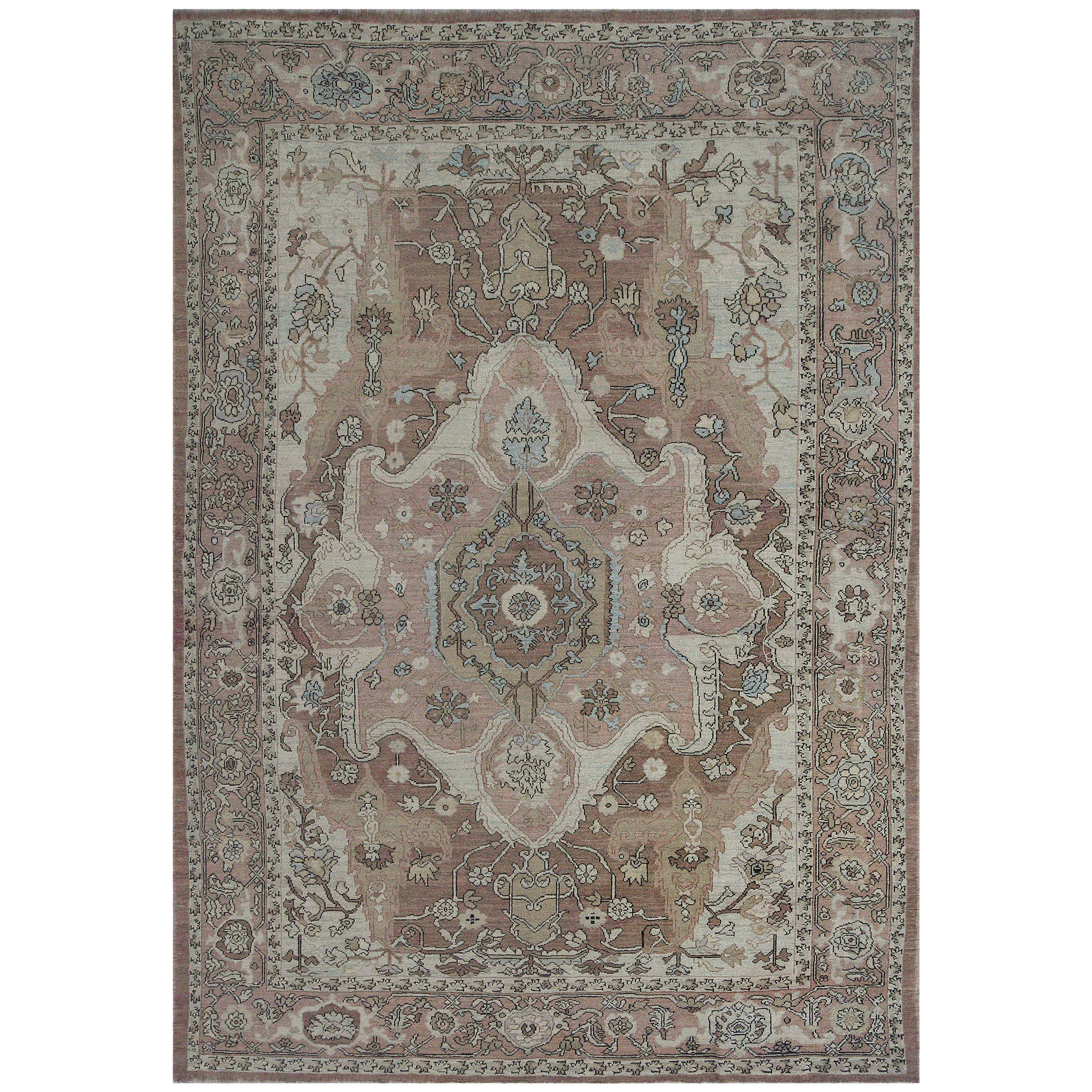 Modern Turkish Oushak Rug with Large Ivory and Brown Flower Medallion Detail