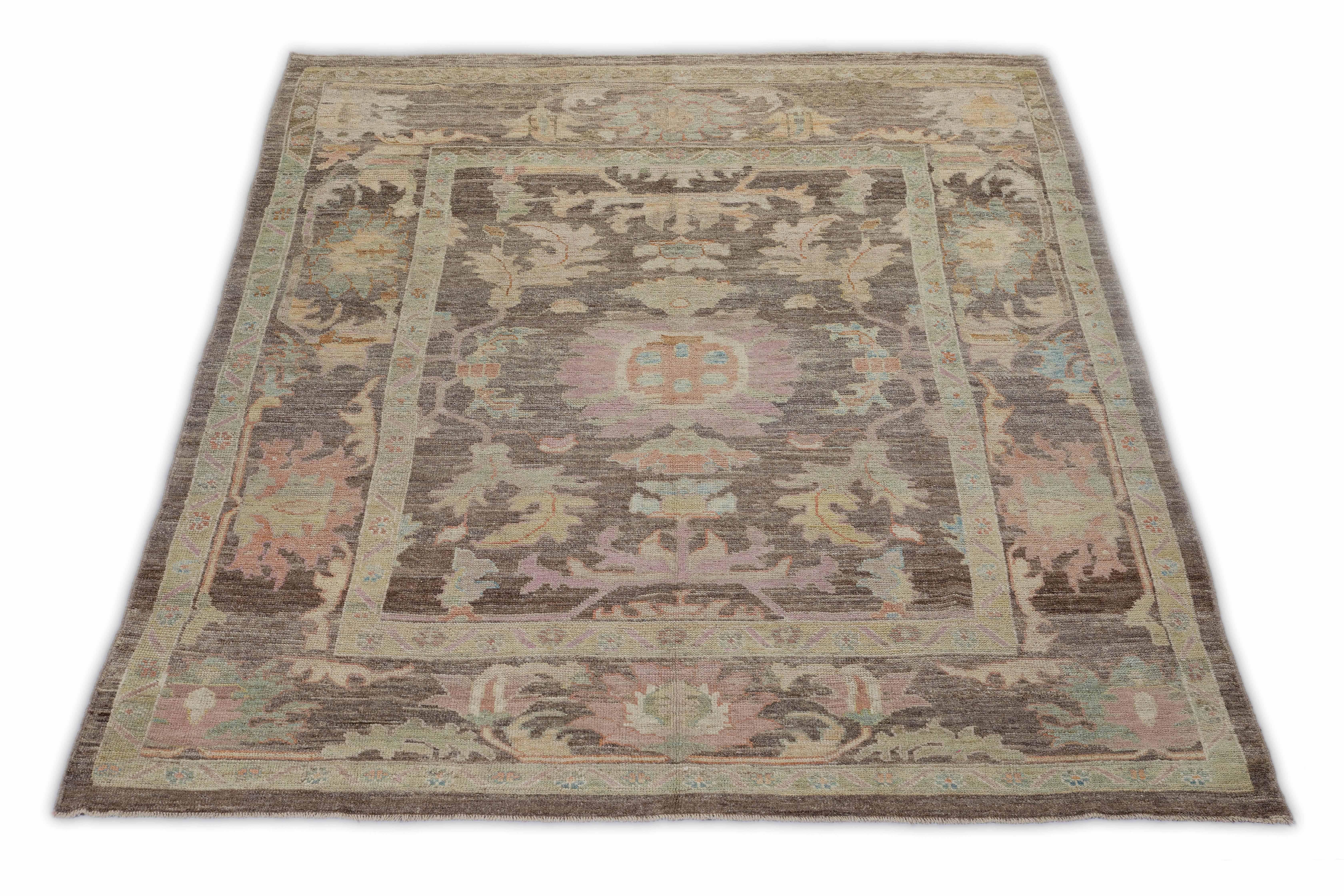 Persian Modern Turkish Oushak Rug with Lush Flower and Leaves Details For Sale