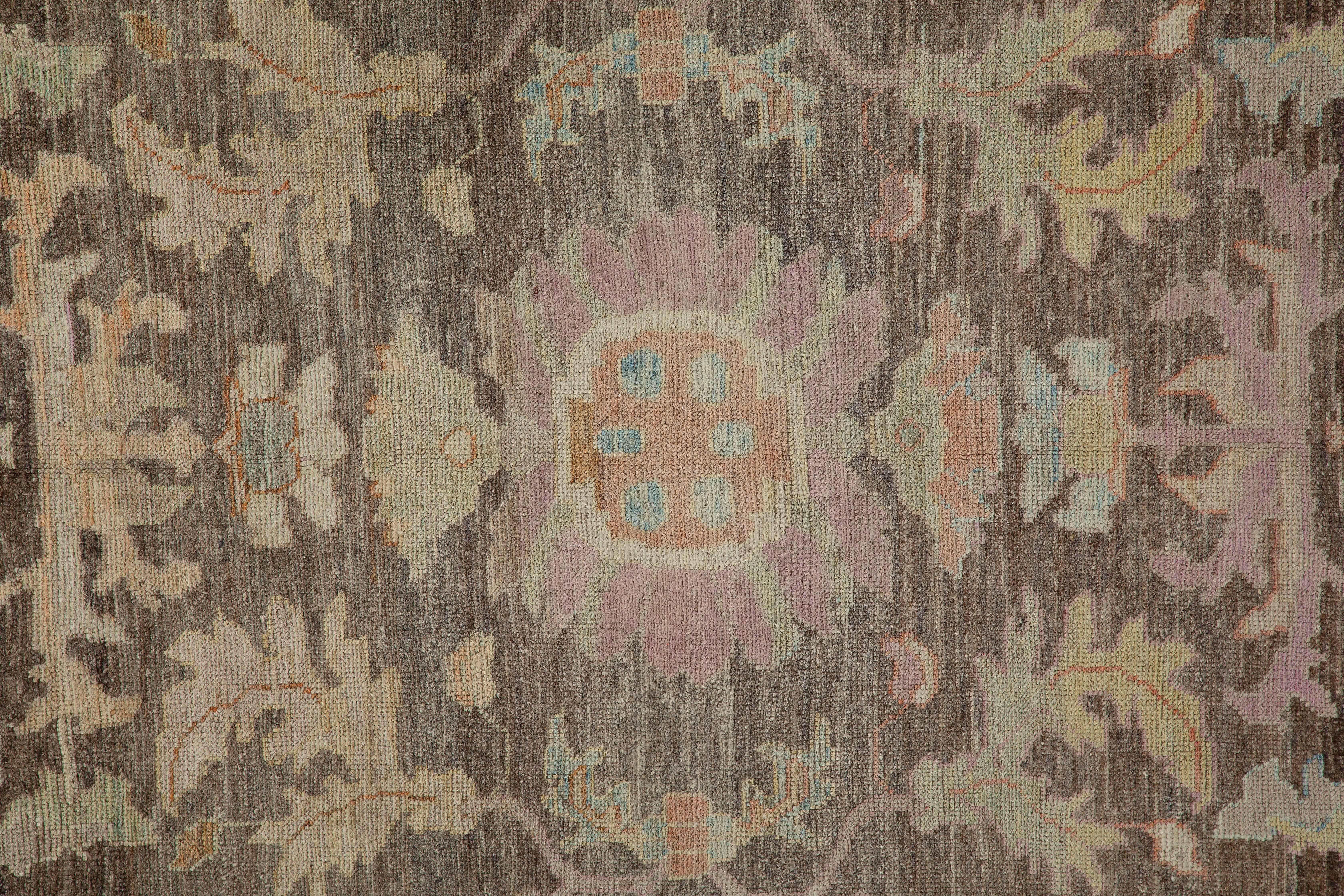 Hand-Woven Modern Turkish Oushak Rug with Lush Flower and Leaves Details For Sale