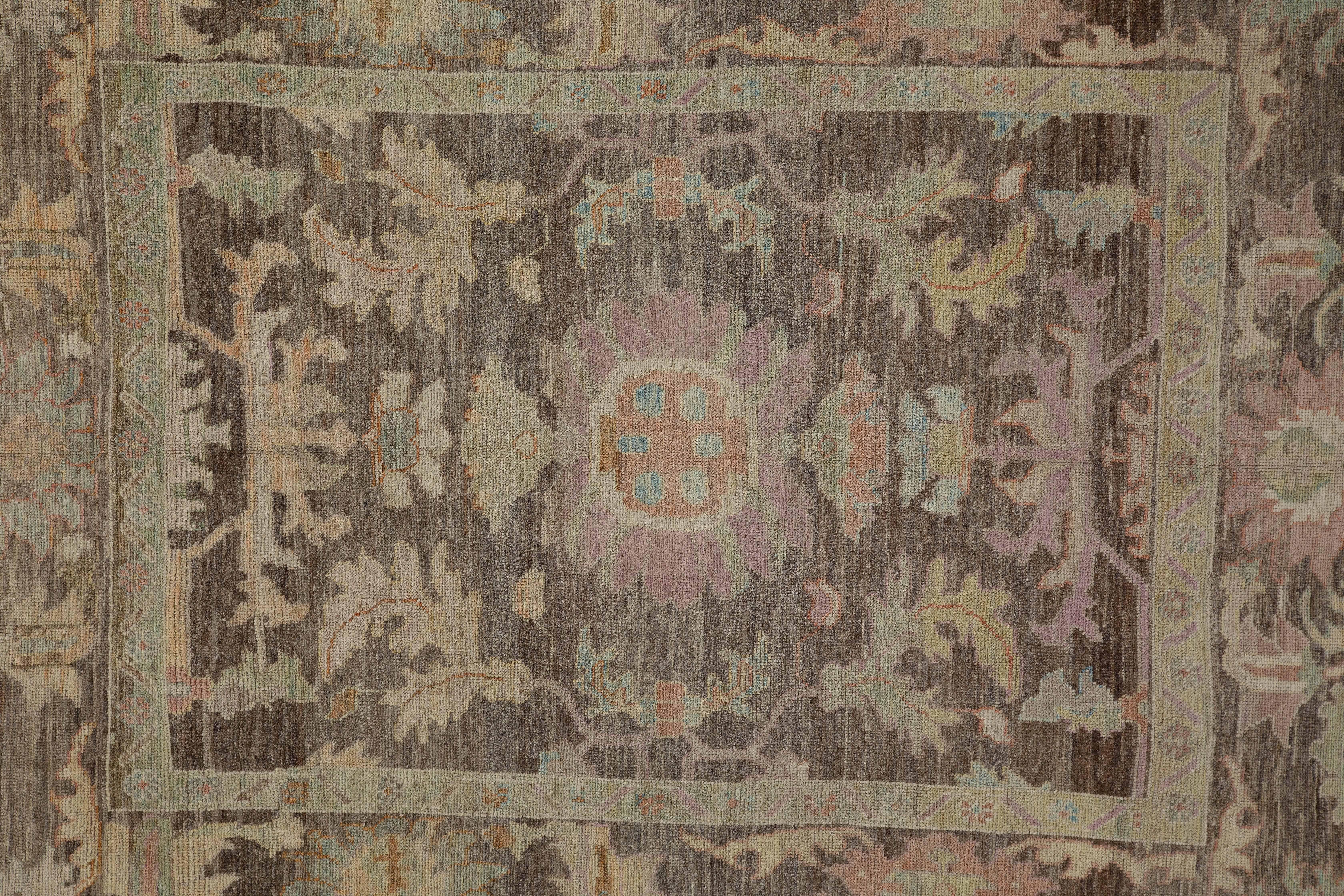 Modern Turkish Oushak Rug with Lush Flower and Leaves Details In New Condition For Sale In Dallas, TX