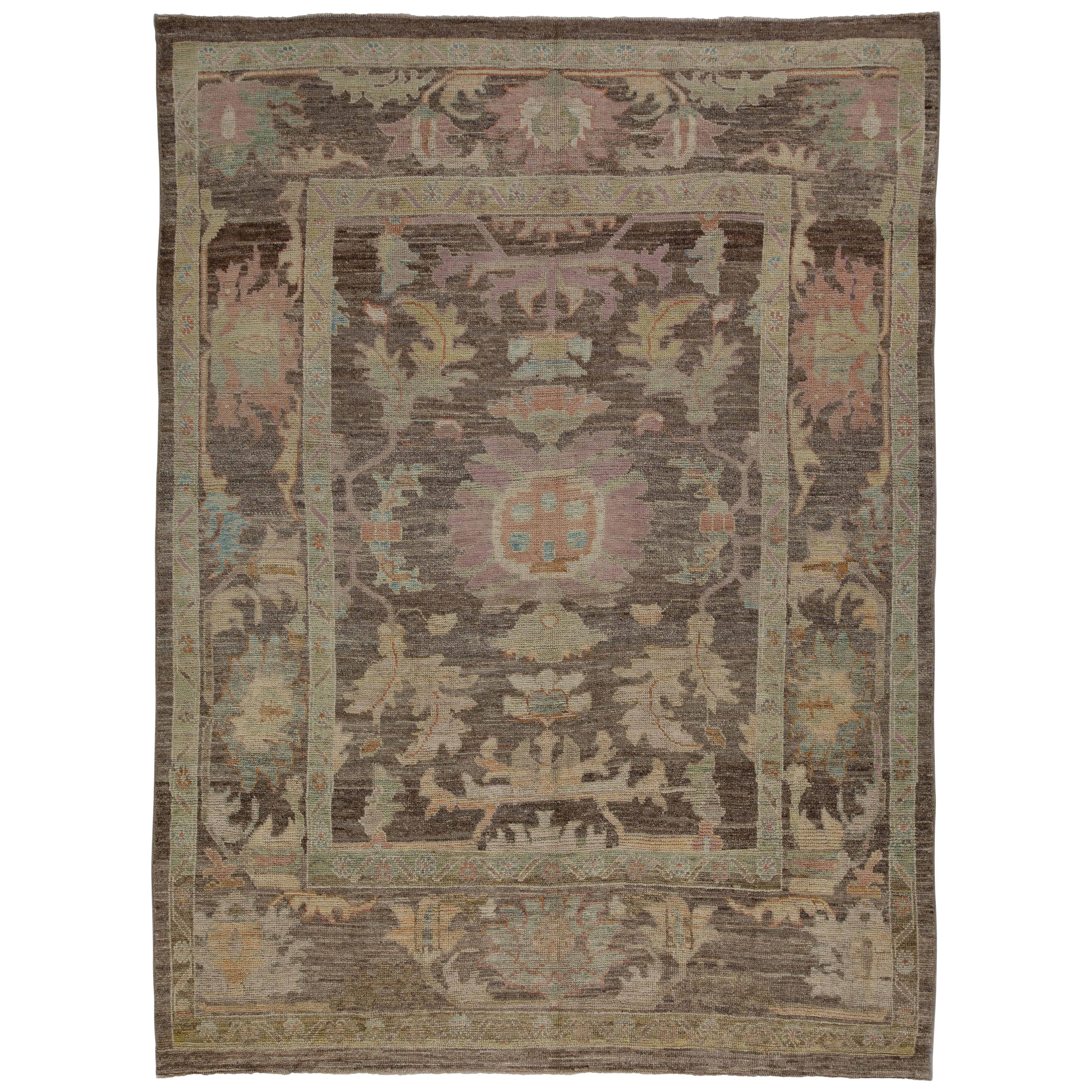 Modern Turkish Oushak Rug with Lush Flower and Leaves Details For Sale