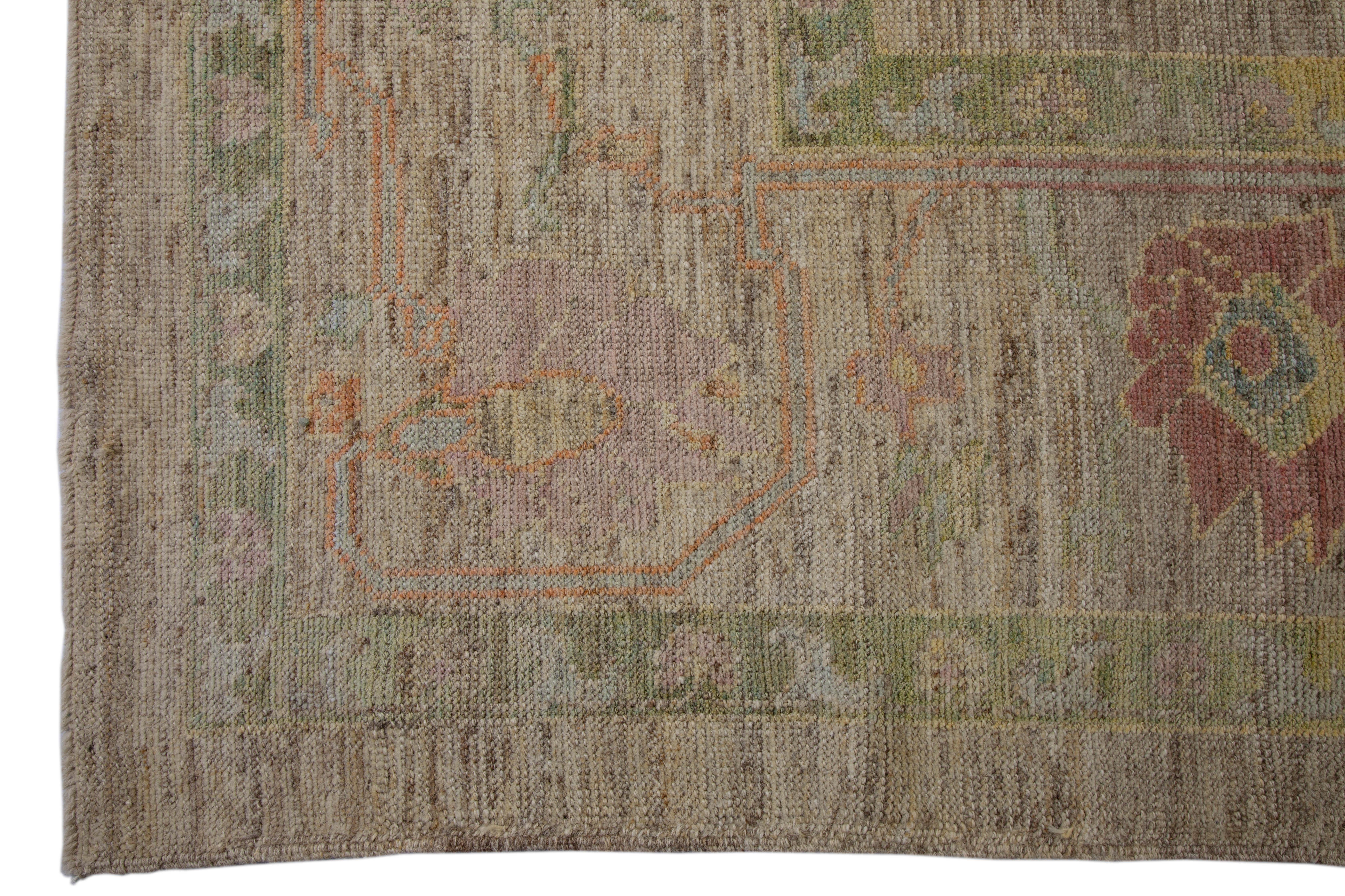 Persian Modern Turkish Oushak Rug with Multicolored Floral Details on Beige Field For Sale