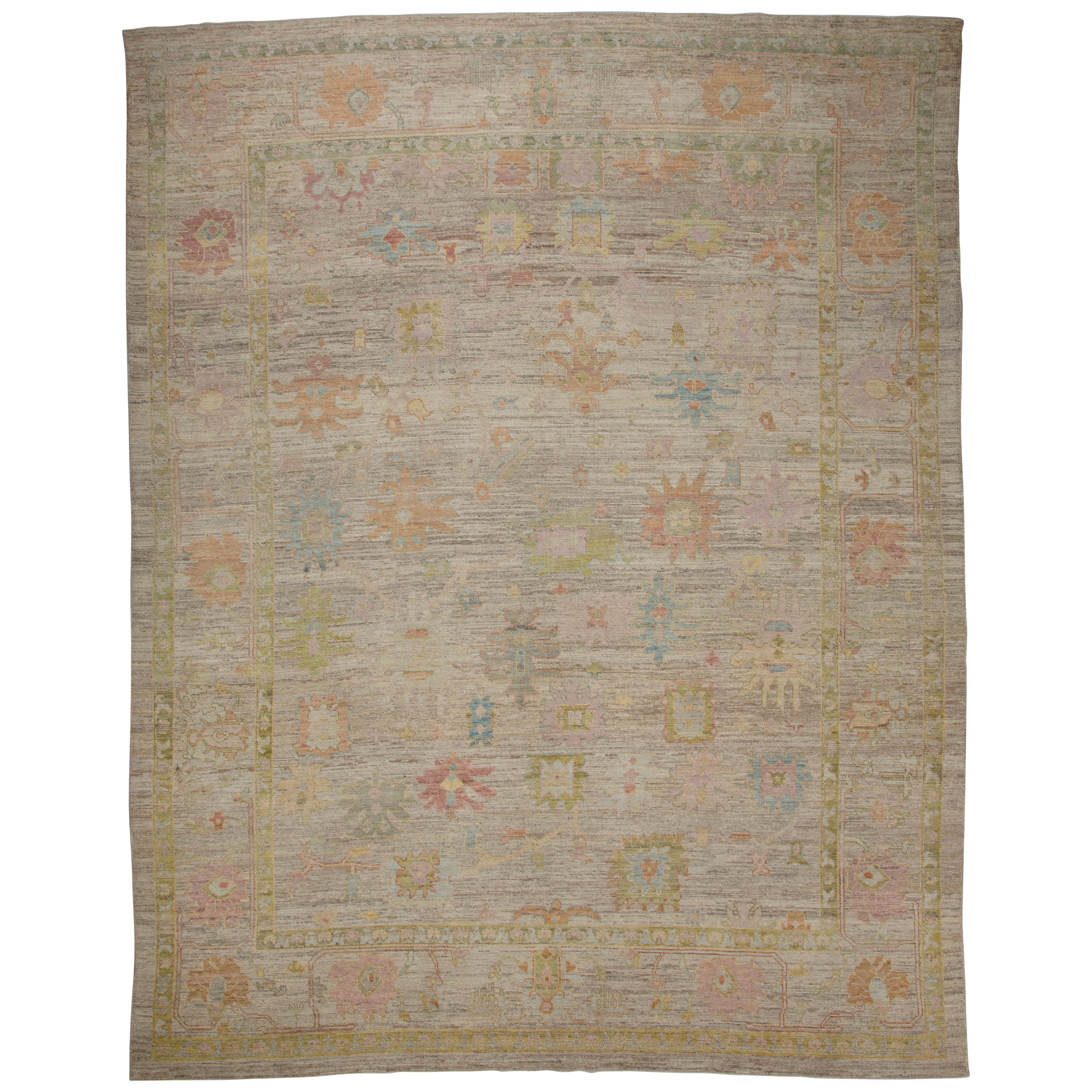 Modern Turkish Oushak Rug with Multicolored Floral Details on Beige Field For Sale