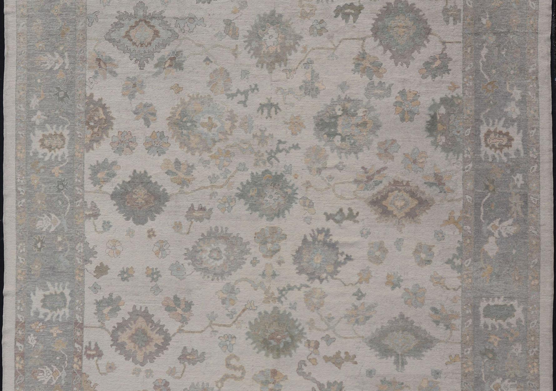 Modern Turkish Oushak Rug with Neutral Color Palette and All-Over Floral Design For Sale 10