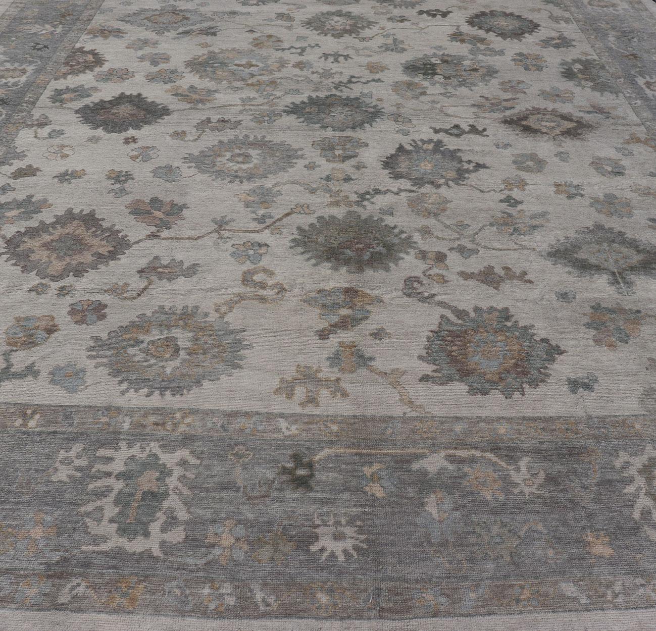 Hand-Knotted Modern Turkish Oushak Rug with Neutral Color Palette and All-Over Floral Design For Sale
