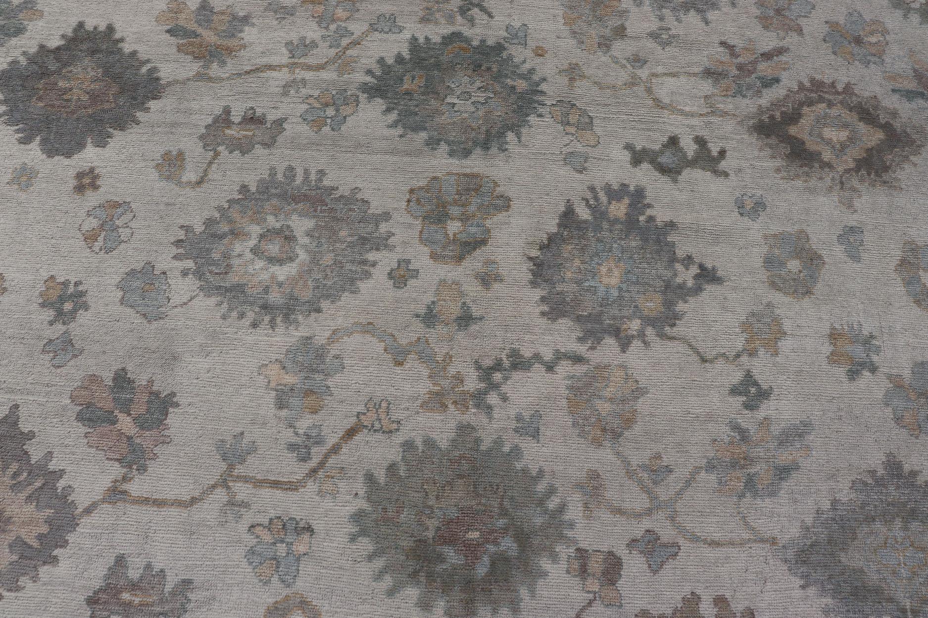Wool Modern Turkish Oushak Rug with Neutral Color Palette and All-Over Floral Design For Sale
