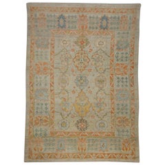 Vintage Modern Turkish Oushak Rug with Ornate Blue and Orange Flower Patterns