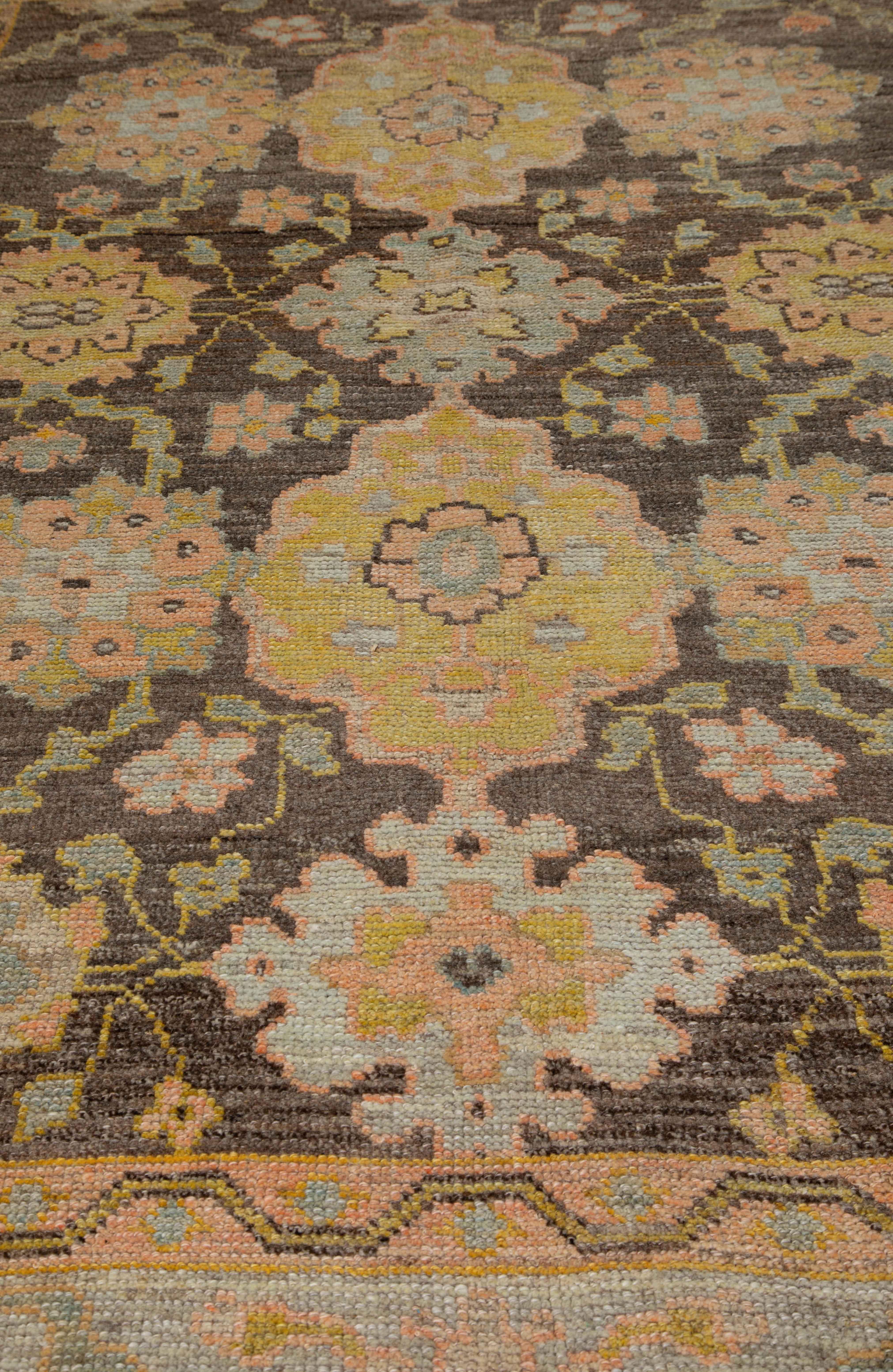 Contemporary Modern Turkish Oushak Rug with Ornate Flower Patterns on Brown Center Field For Sale