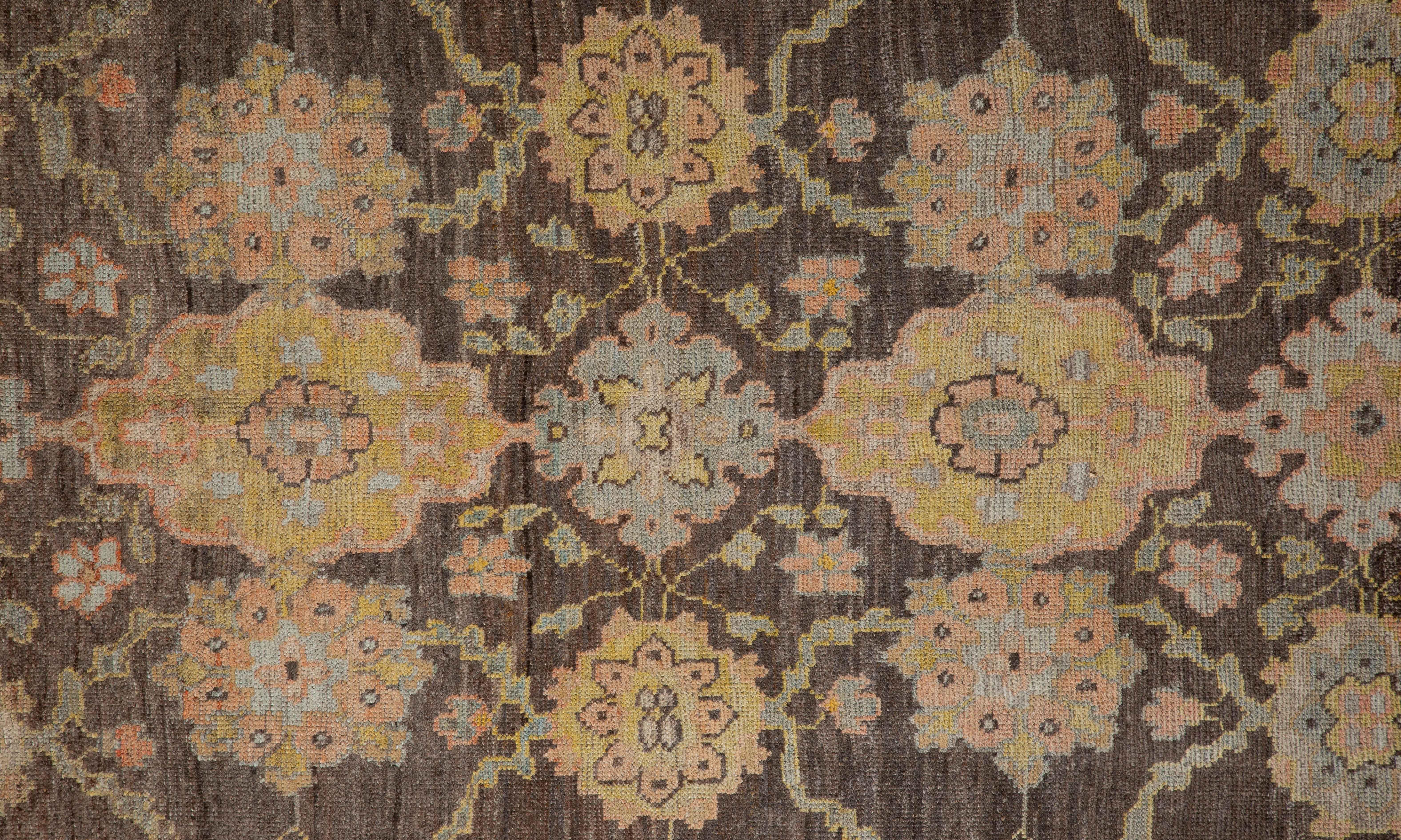 Wool Modern Turkish Oushak Rug with Ornate Flower Patterns on Brown Center Field For Sale