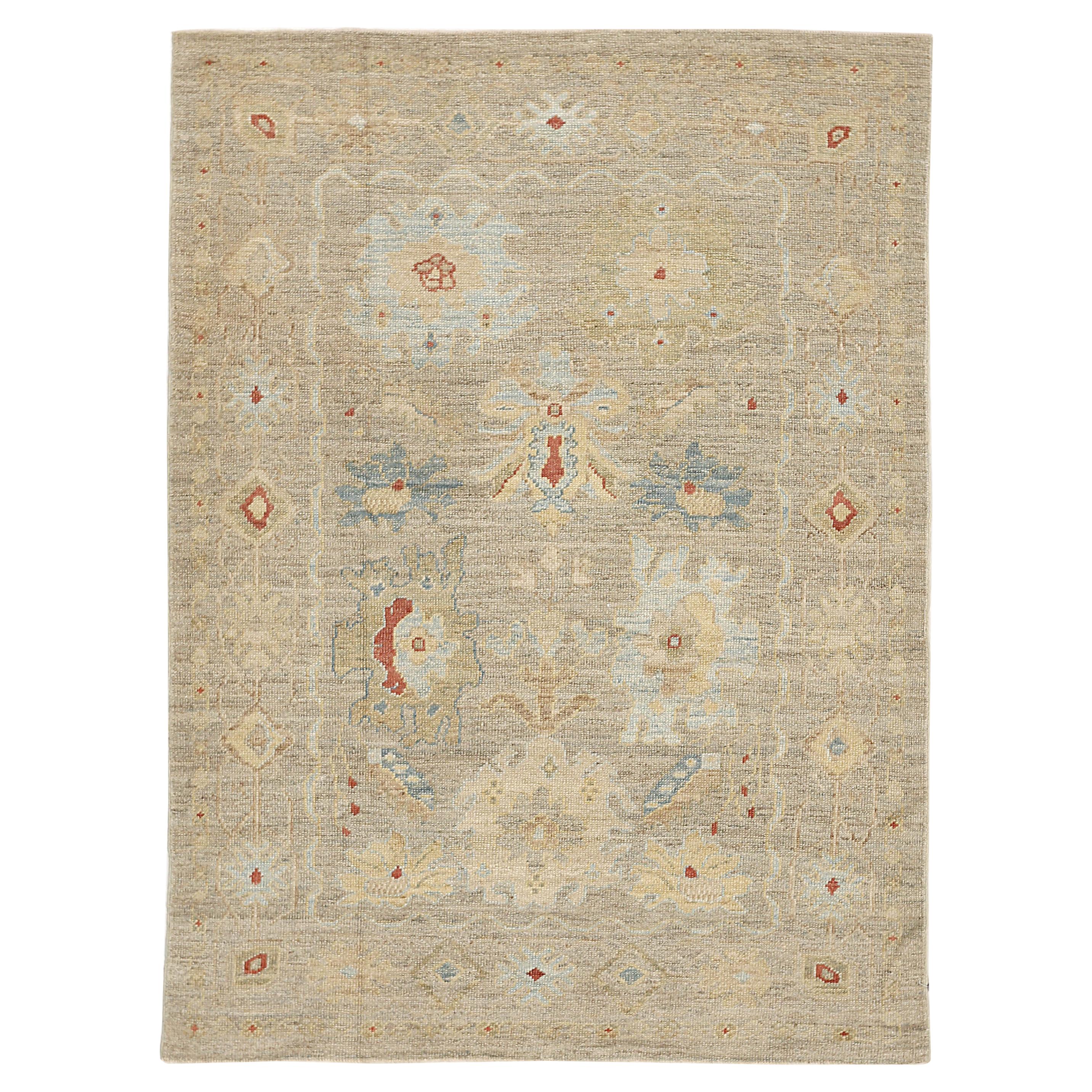 Modern Turkish Oushak Rug with Red and Blue Floral Motifs