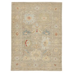 Modern Turkish Oushak Rug with Red and Blue Floral Motifs