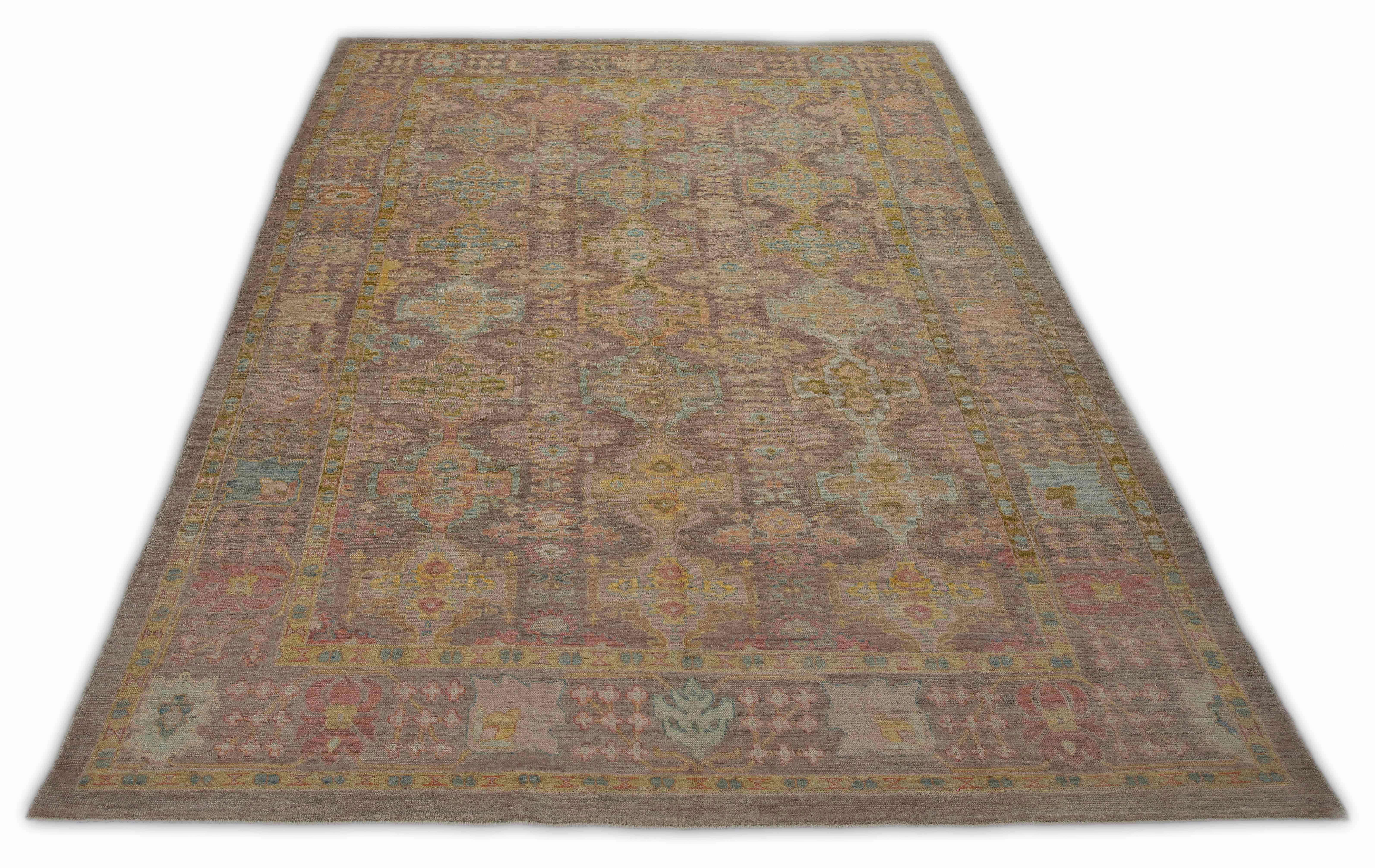 Hand-Woven Modern Turkish Oushak Rug with Rows of Flower Details in Various Colors For Sale