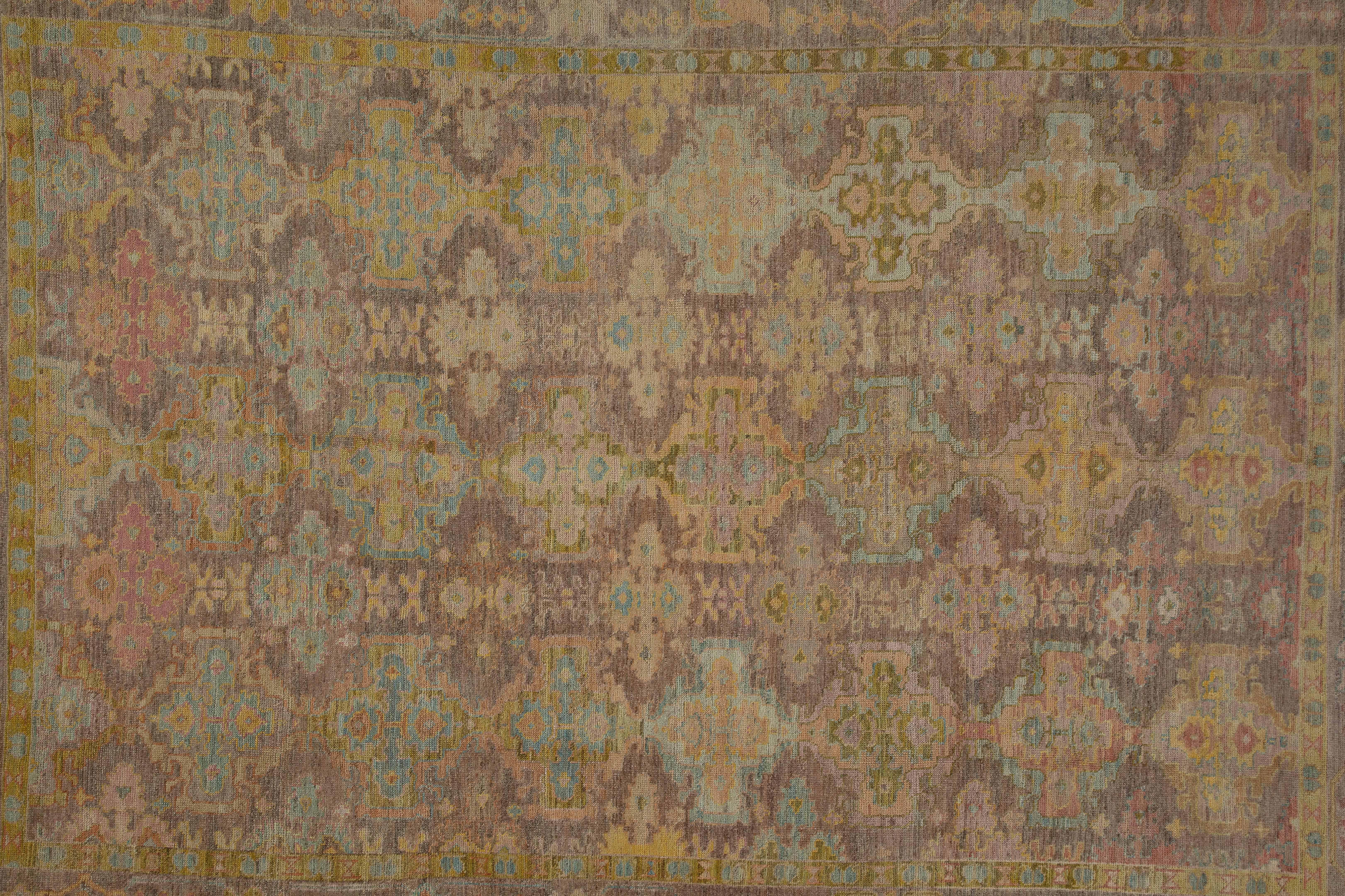 Contemporary Modern Turkish Oushak Rug with Rows of Flower Details in Various Colors For Sale