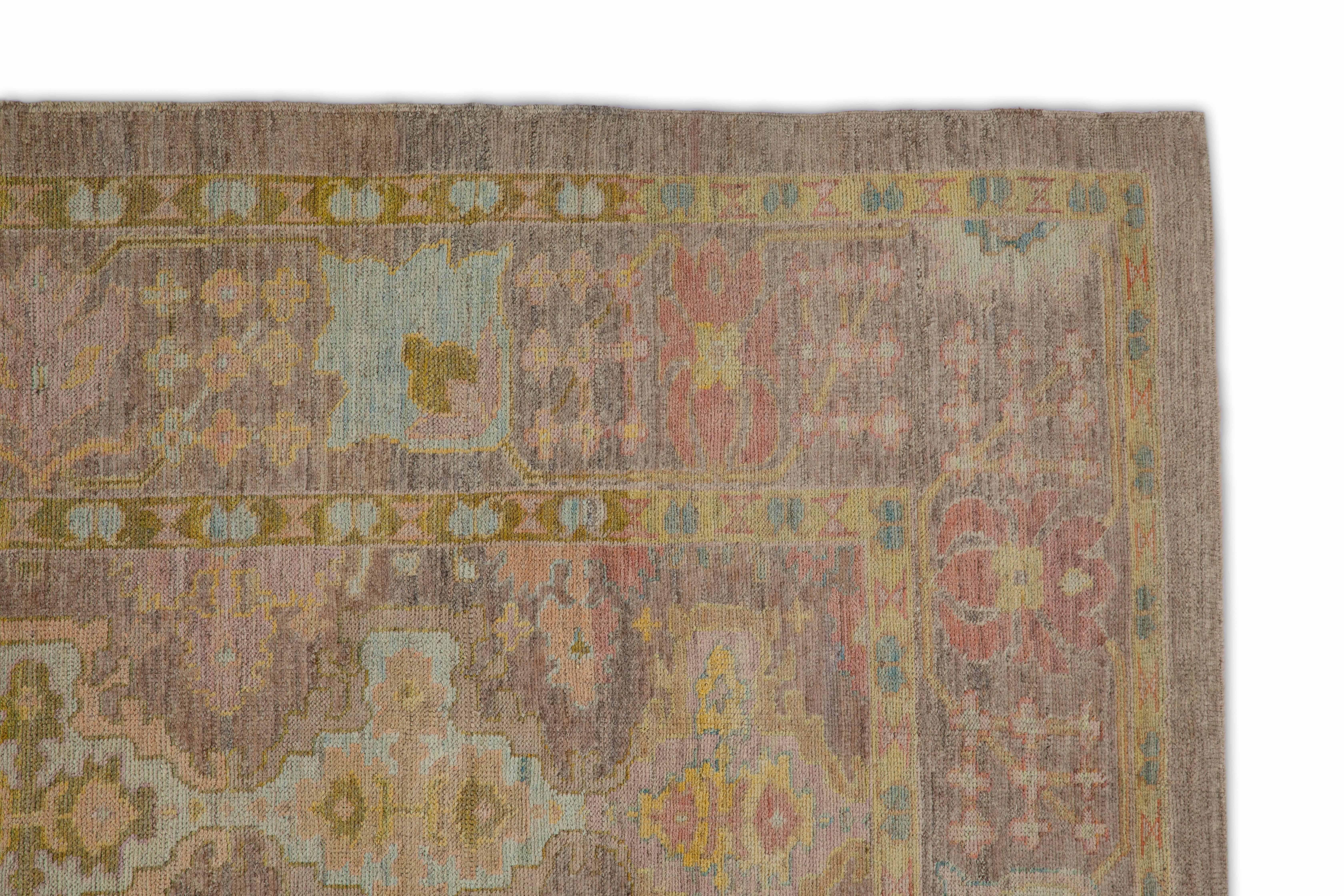 Wool Modern Turkish Oushak Rug with Rows of Flower Details in Various Colors For Sale
