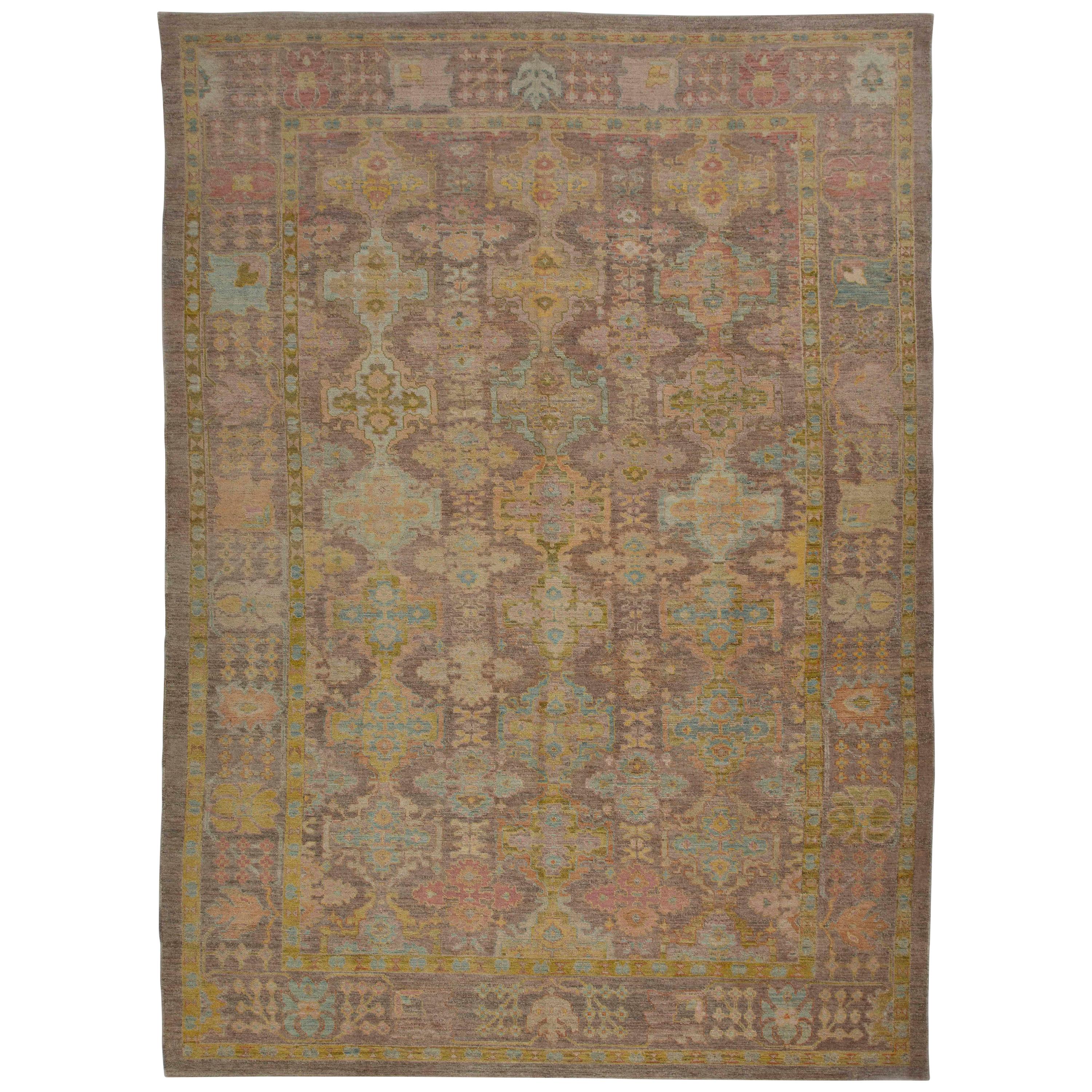 Modern Turkish Oushak Rug with Rows of Flower Details in Various Colors For Sale