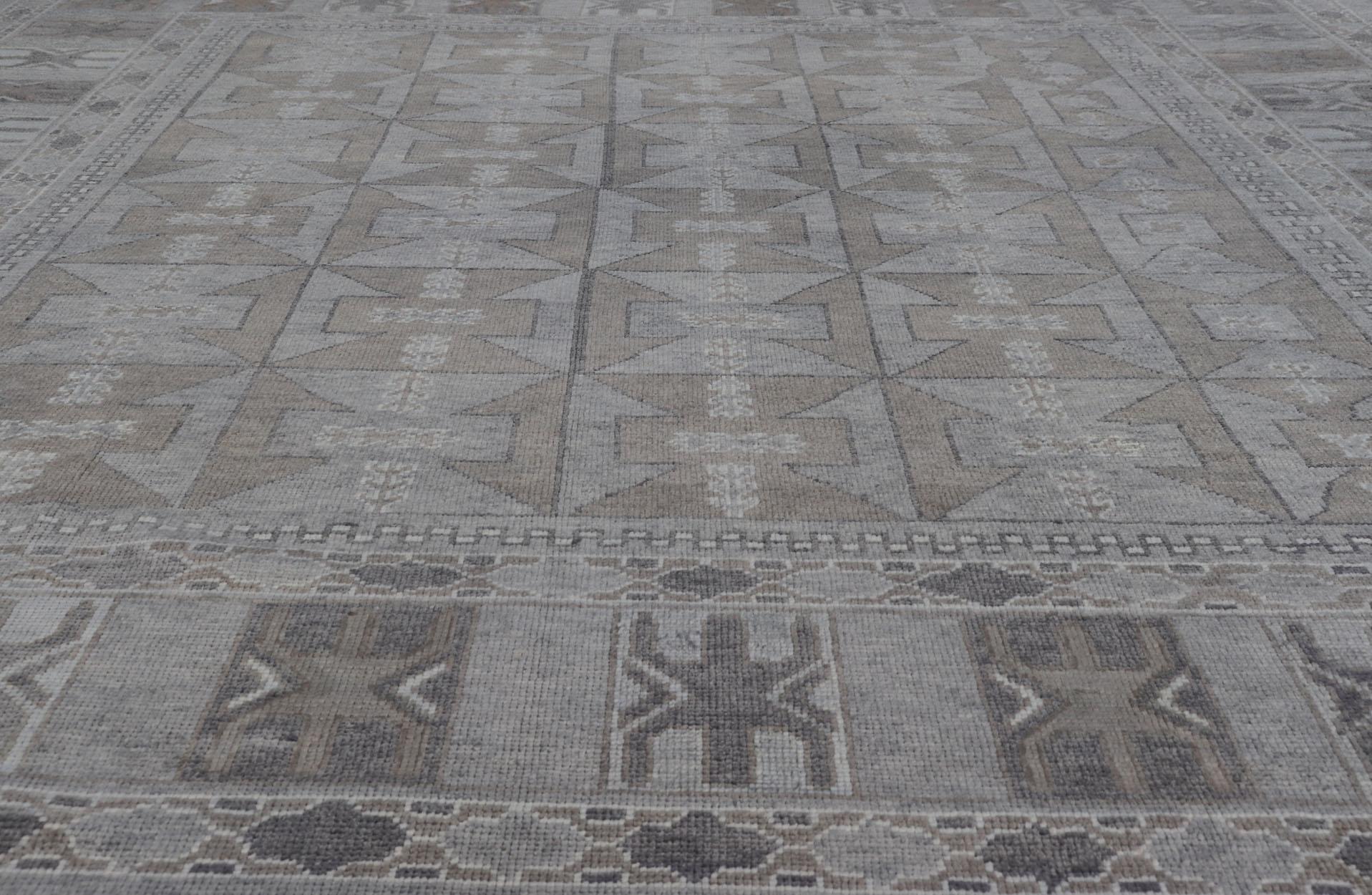 Wool Modern Turkish Oushak Rug with Shades of Gray with Tribal Design For Sale