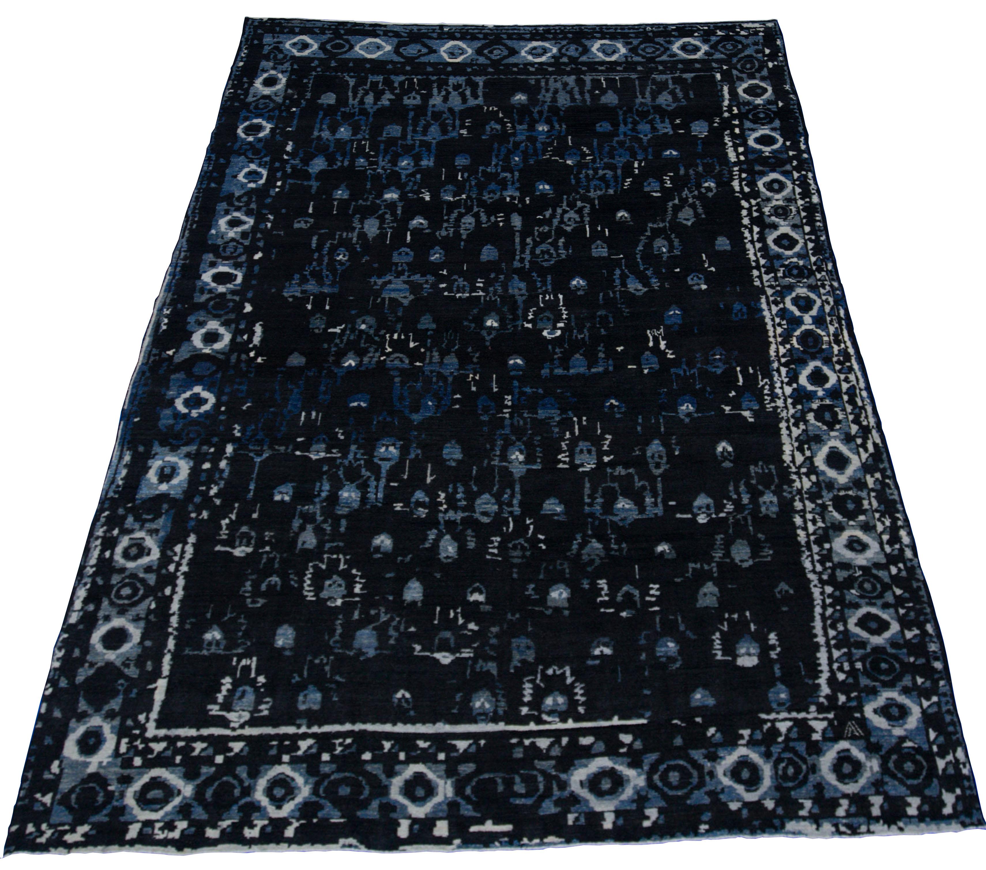 Hand-Woven Modern Turkish Oushak Rug with Unique Black, Blue & White Floral Details For Sale