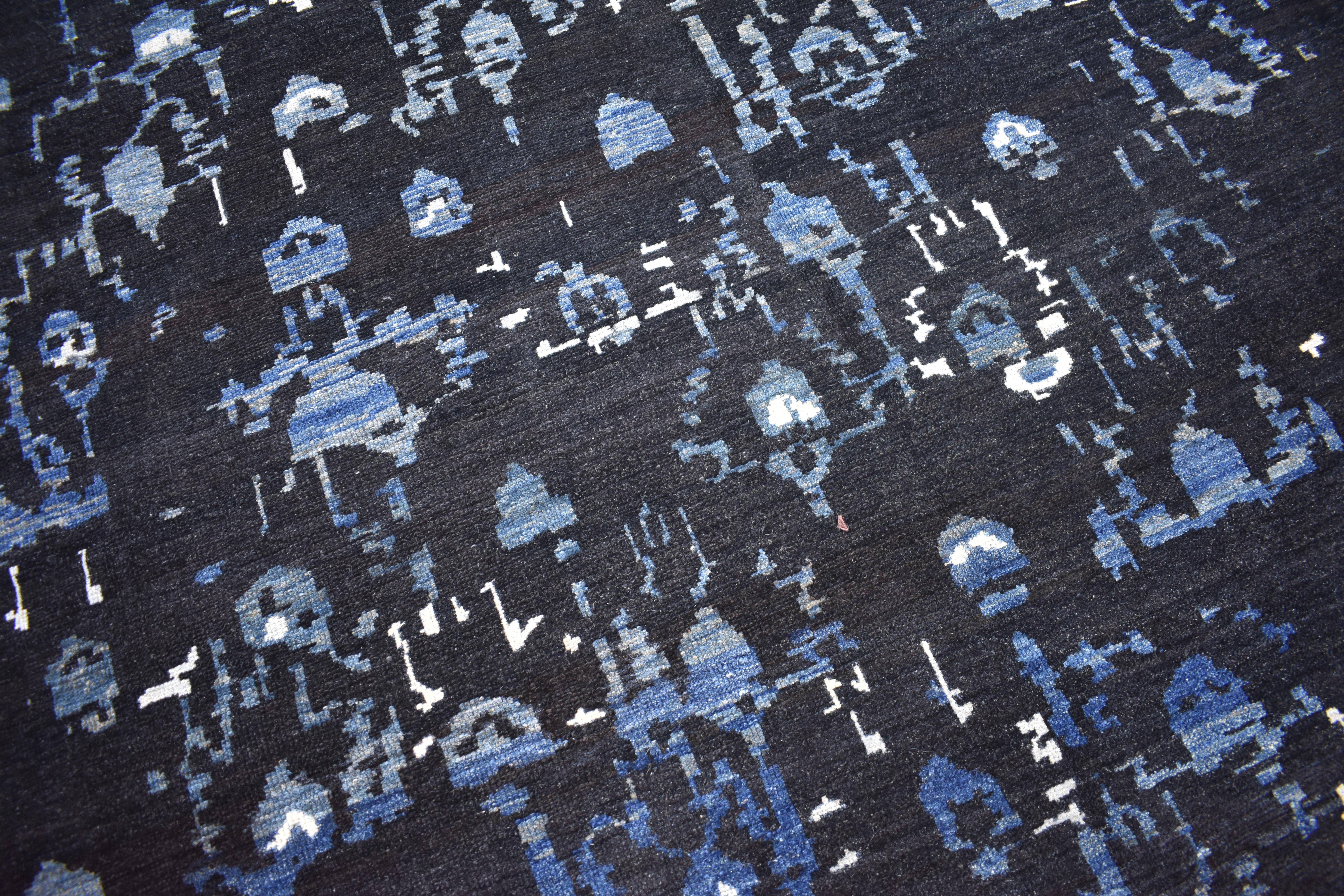 Wool Modern Turkish Oushak Rug with Unique Black, Blue & White Floral Details For Sale