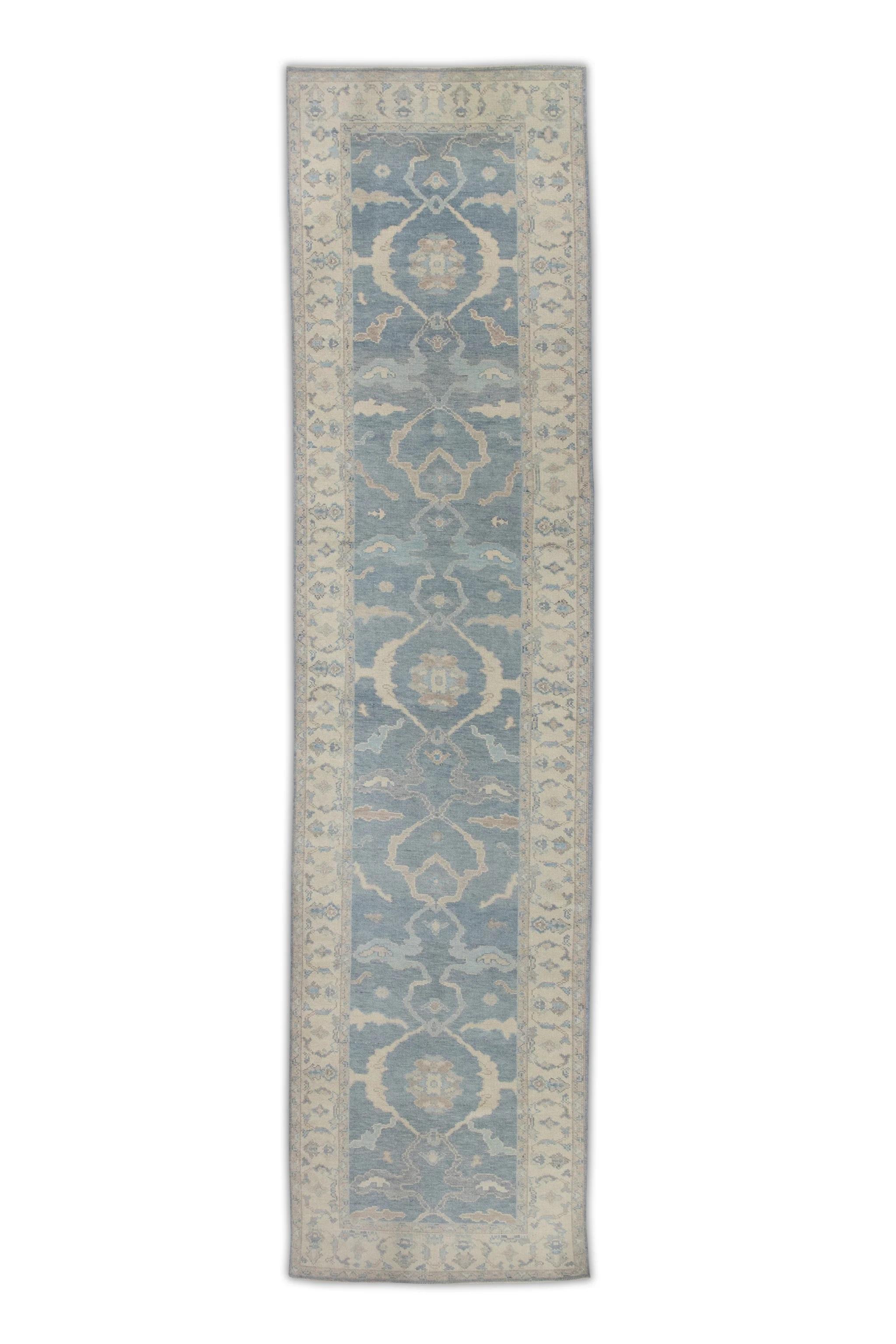 Blue Floral Pattern Handwoven Wool Turkish Oushak Runner 3'10