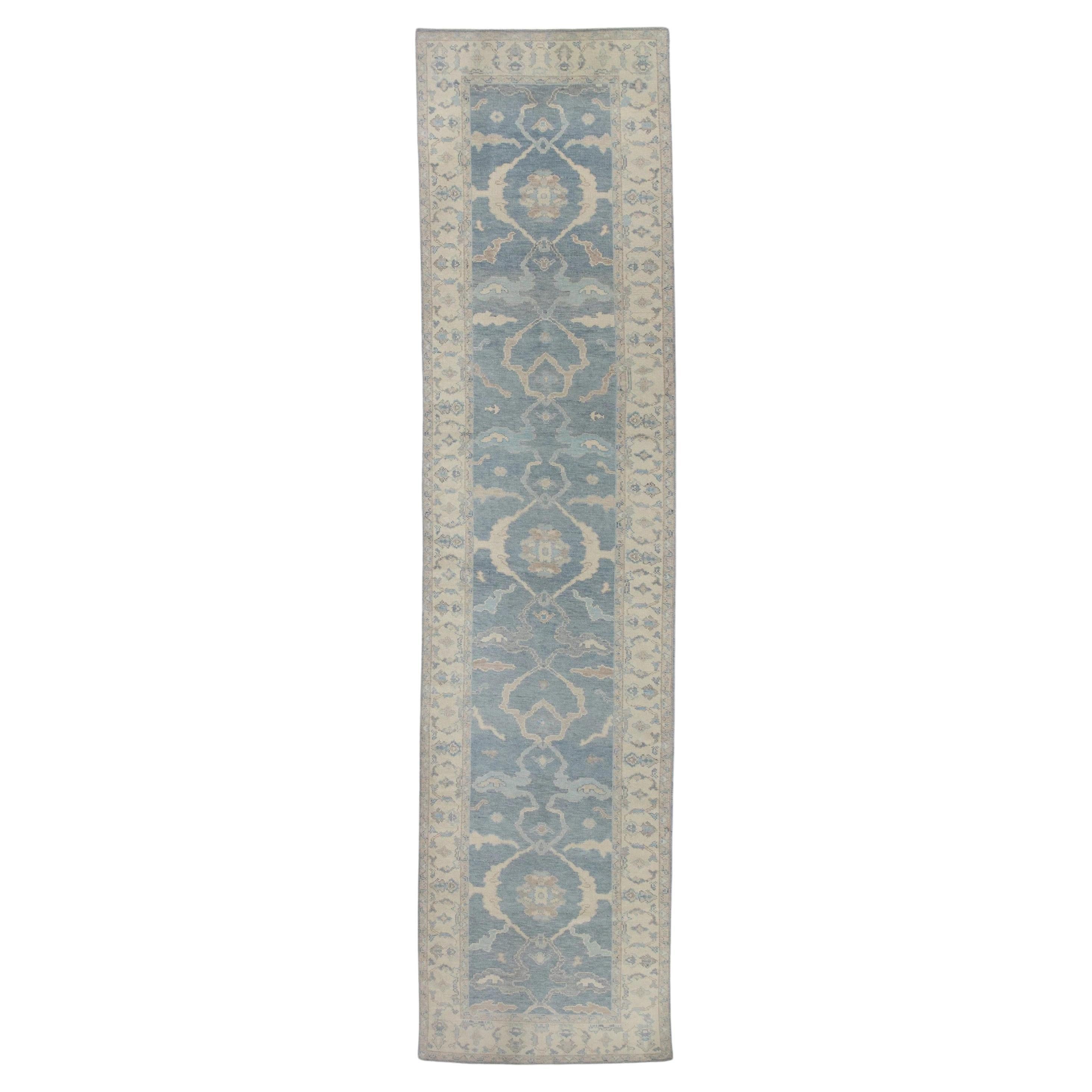 Blue Floral Pattern Handwoven Wool Turkish Oushak Runner 3'10" X 16'1" For Sale