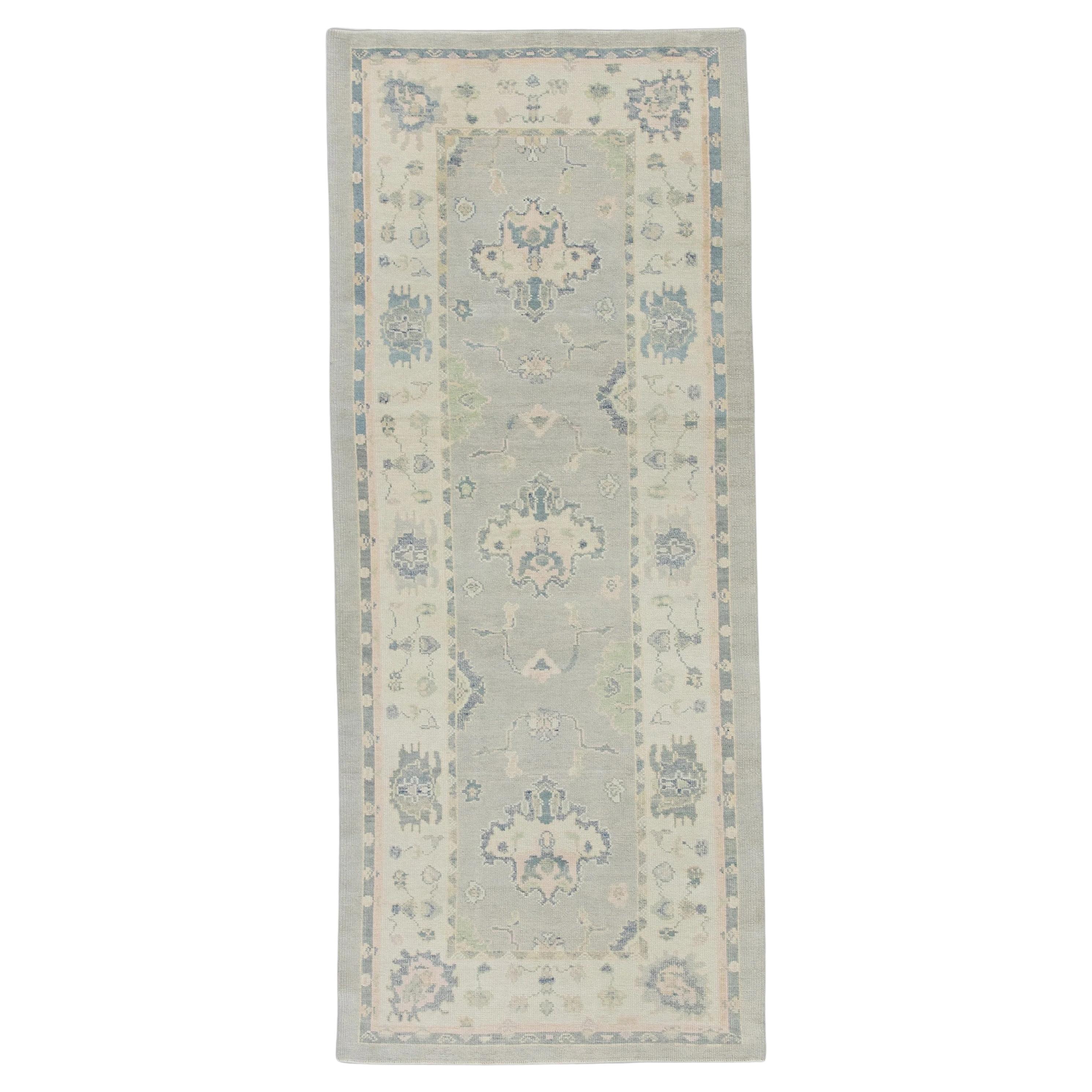 Green & Pink Floral Pattern Handwoven Wool Turkish Oushak Runner 4'1" x 9'6" For Sale