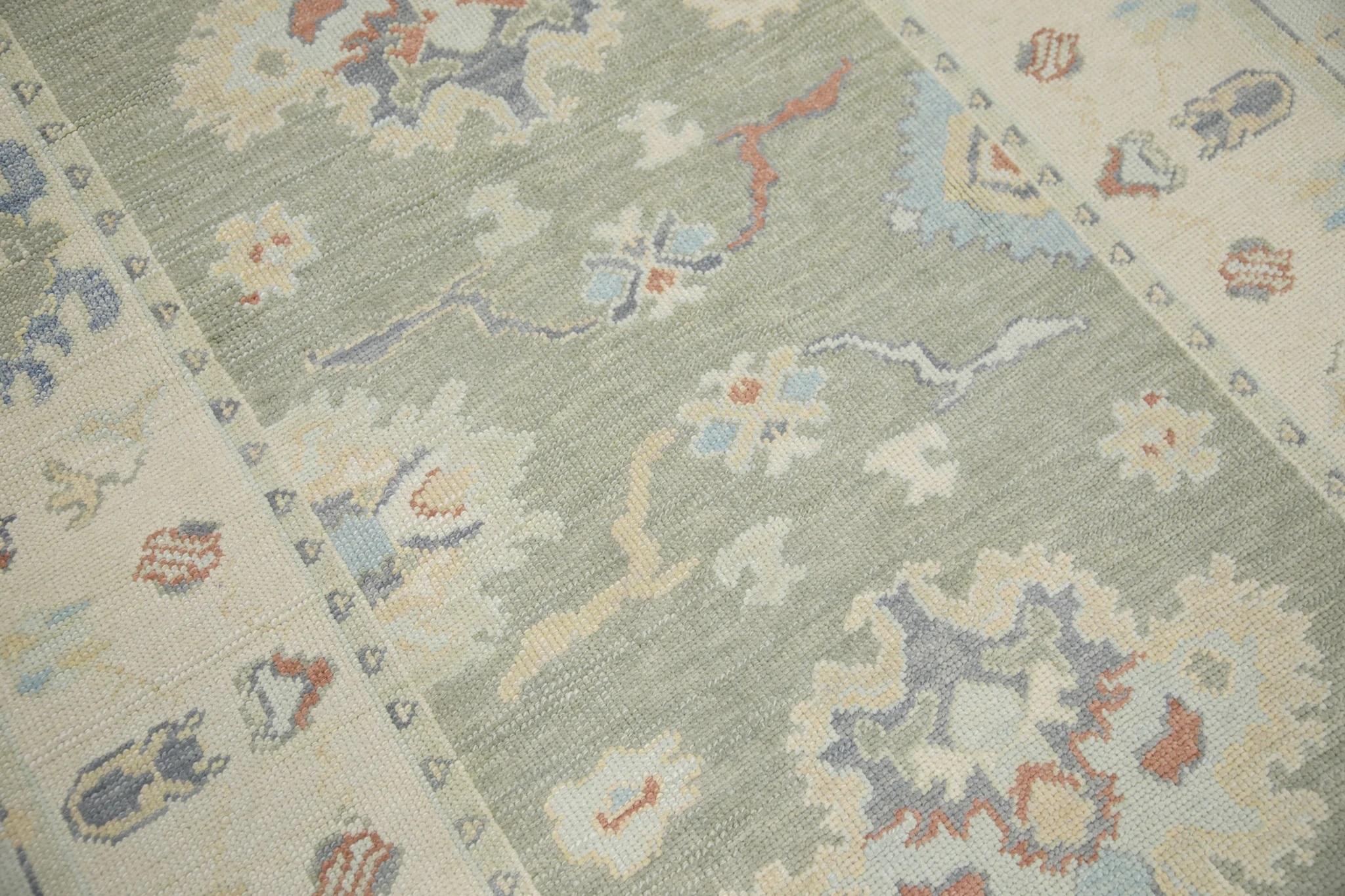 Alfombra Turca Oushak Verde Multicolor Diseño Floral Tejida a Mano 4'9