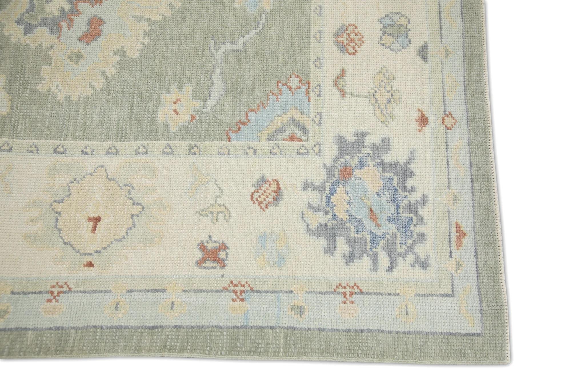 Alfombra Turca Oushak Verde Multicolor Diseño Floral Tejida a Mano 4'9