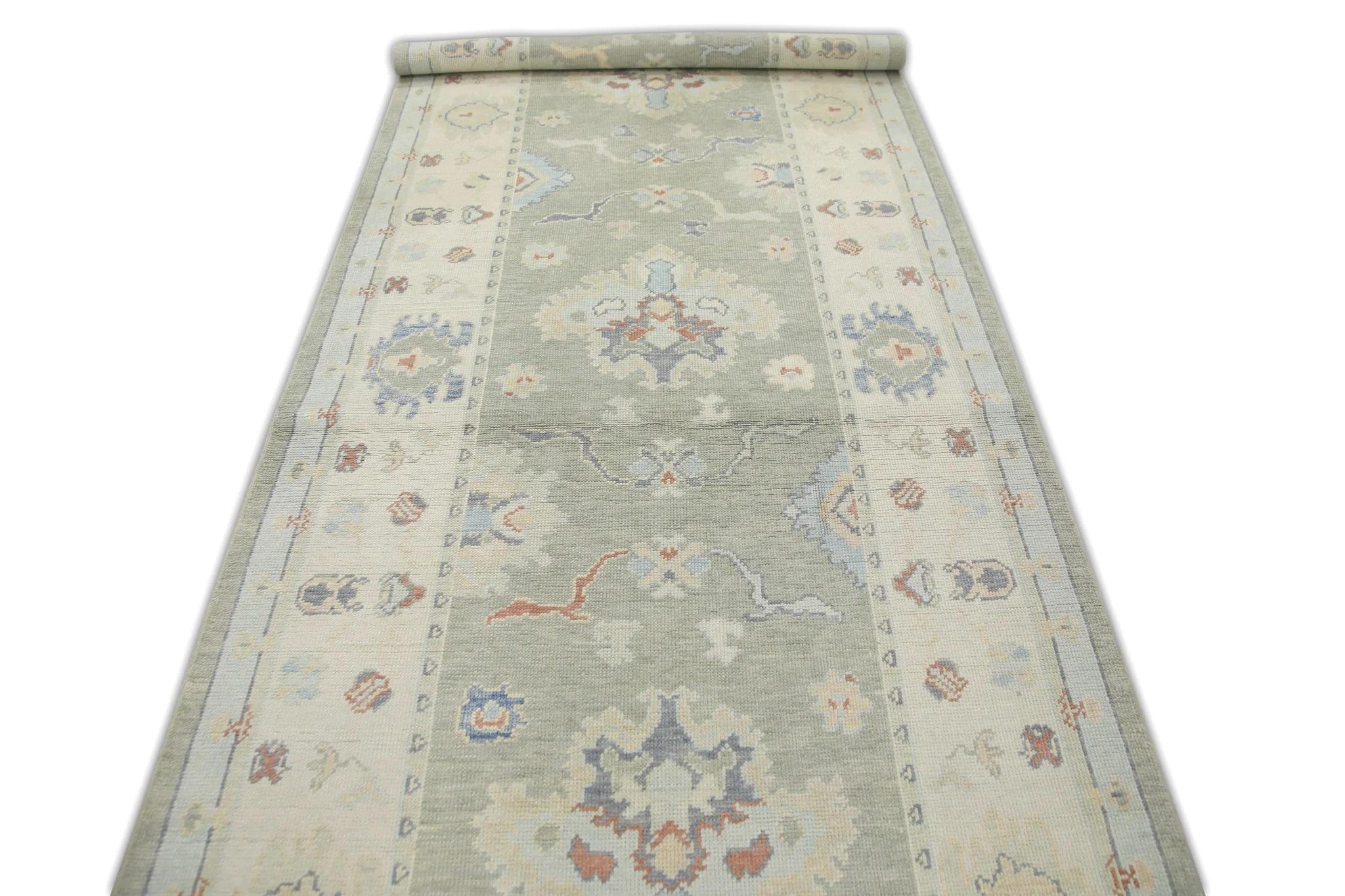 Alfombra Turca Oushak Verde Multicolor Diseño Floral Tejida a Mano 4'9
