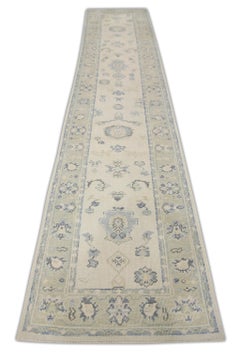 Green & Blue Floral Design Handwoven Wool Turkish Oushak Runner 2'11" X 13'6"