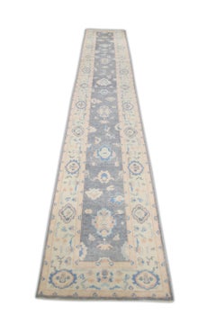 Salmon Pink & Blue Floral Handwoven Wool Turkish Oushak Runner 2'11" X 17'