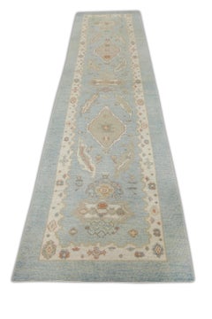 Blue Handwoven Wool Turkish Oushak Runner in Red Floral Design 3' X 12'1"