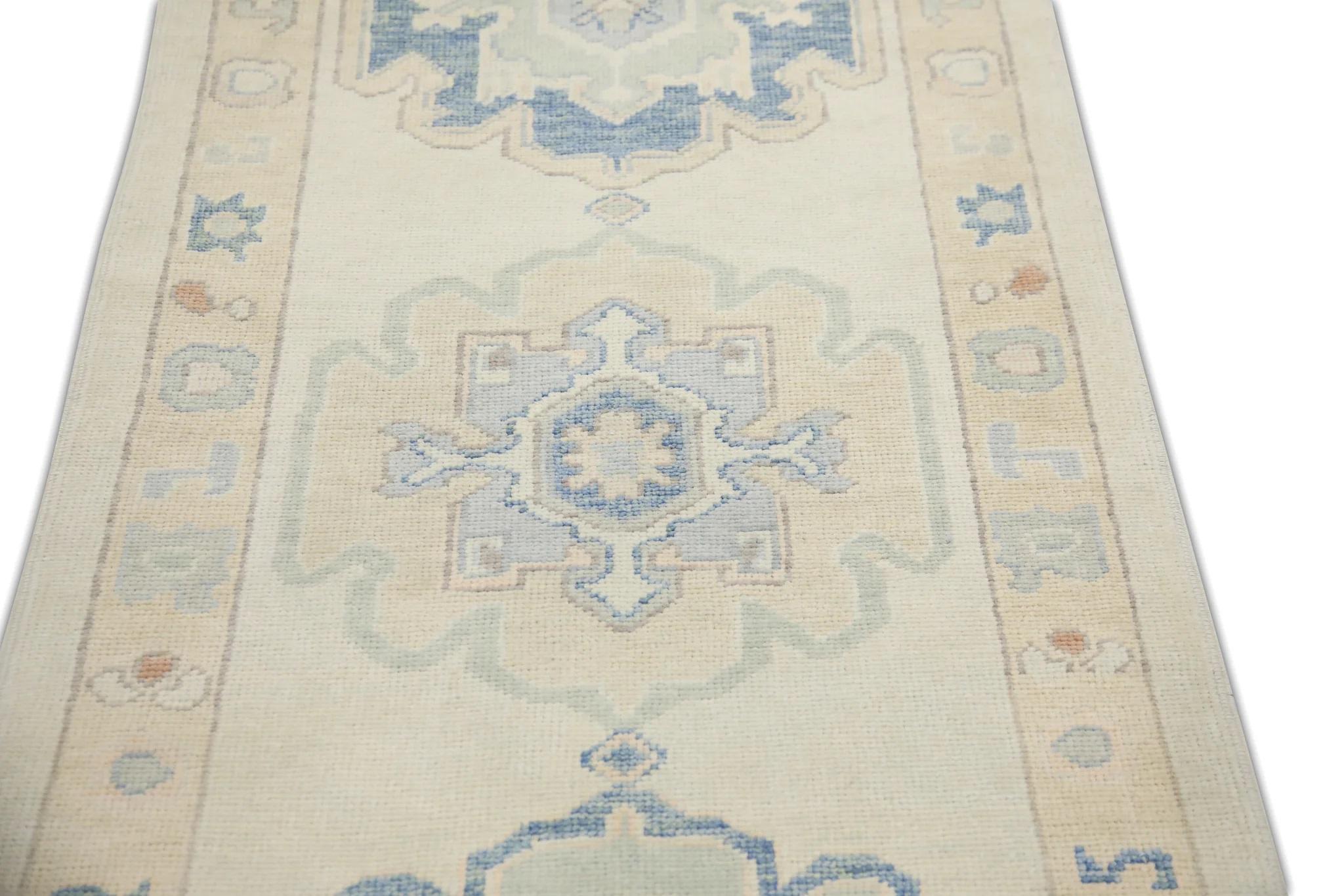 Vegetable Dyed Blue & Yellow Floral Design Handwoven Wool Turkish Oushak Runner 3' X 11'9