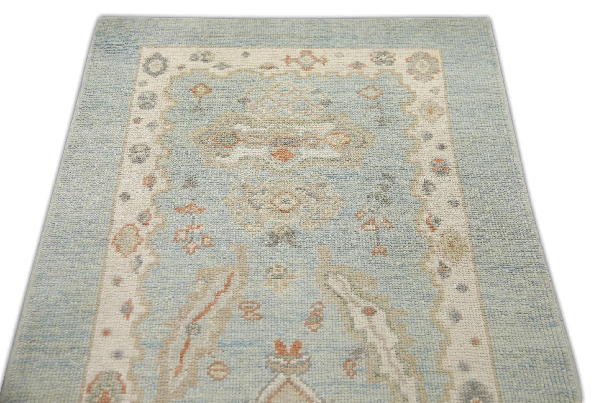 Türkischer Oushak-Läufer aus handgewebter Wolle in rotem, geblümtem Design, 3' X 12'1