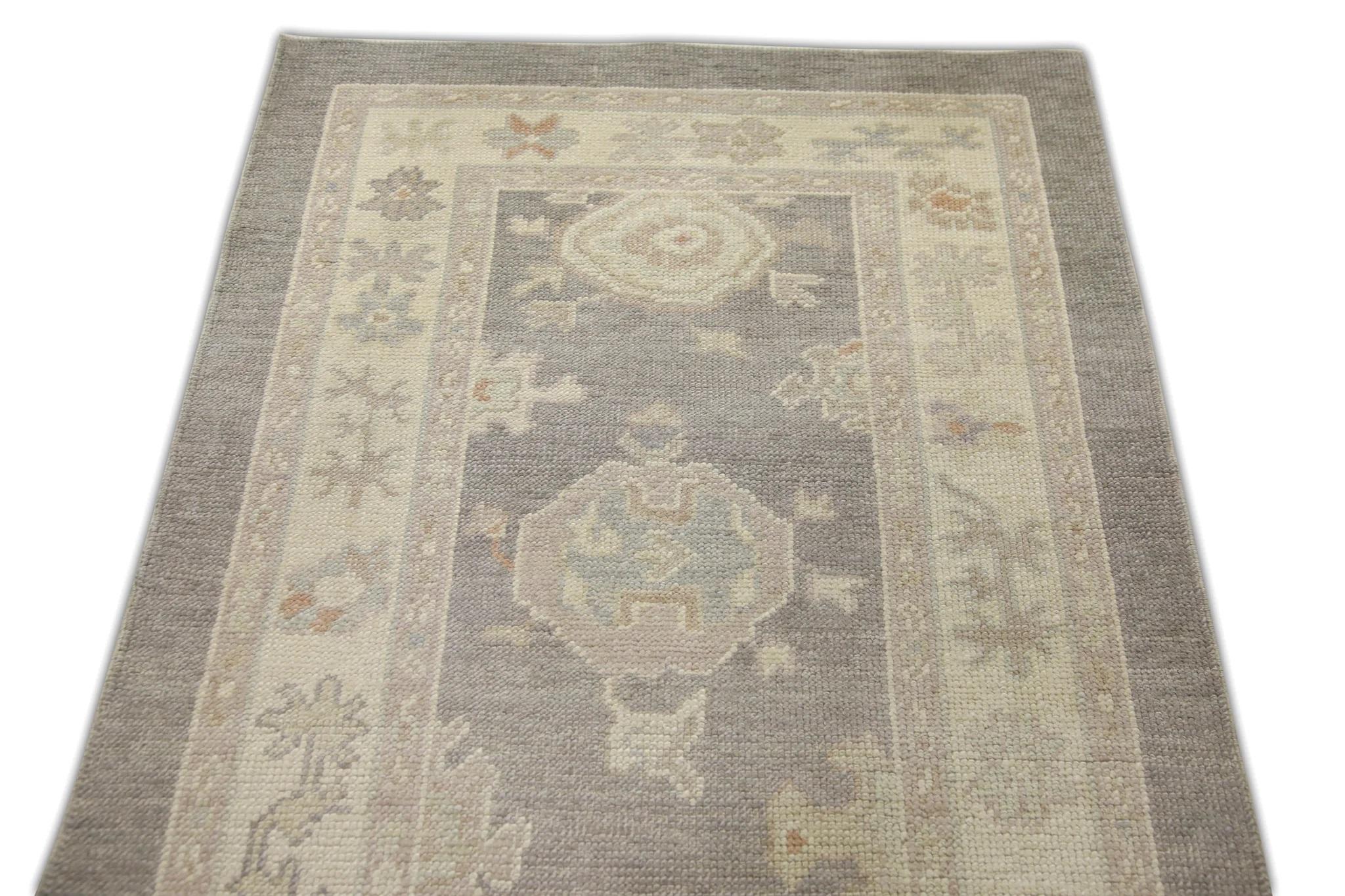 Mauve Multicolor Floral Design Handwoven Wool Turkish Oushak Runner 3' X 13'7