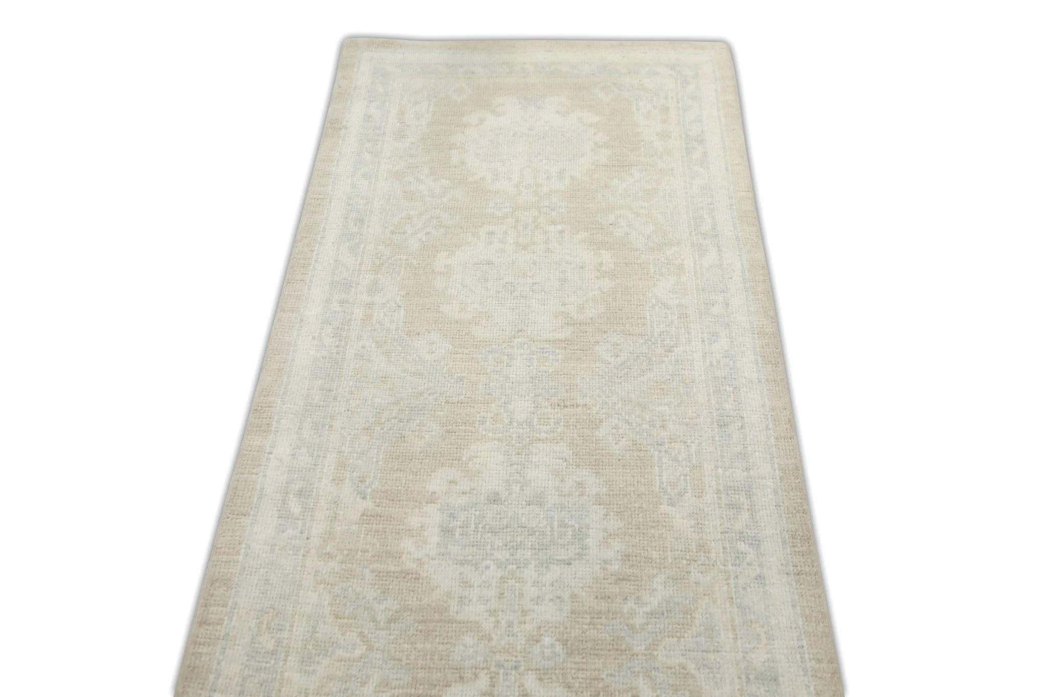 Contemporary Tan Handwoven Wool Turkish Oushak Runner in Floral Design 2'7