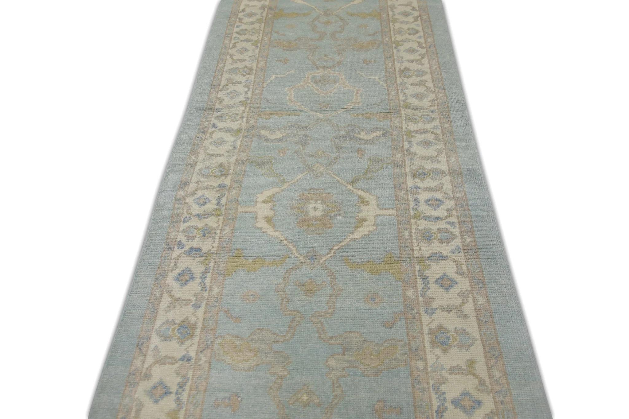 Contemporary Blue Handwoven Wool Turkish Oushak Runner in Floral Design 3'8
