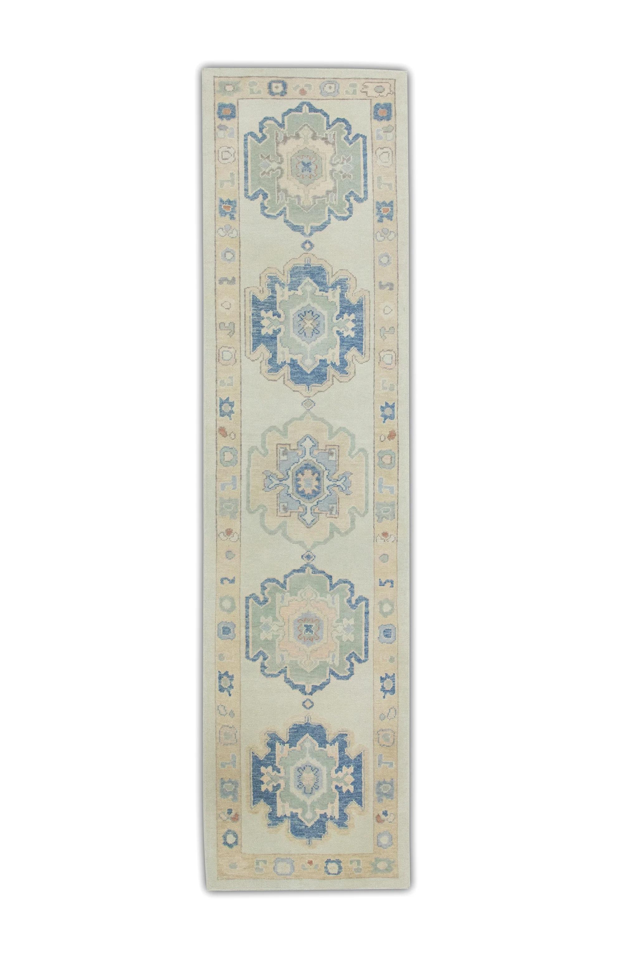 Blue & Yellow Floral Design Handwoven Wool Turkish Oushak Runner 3' X 11'9