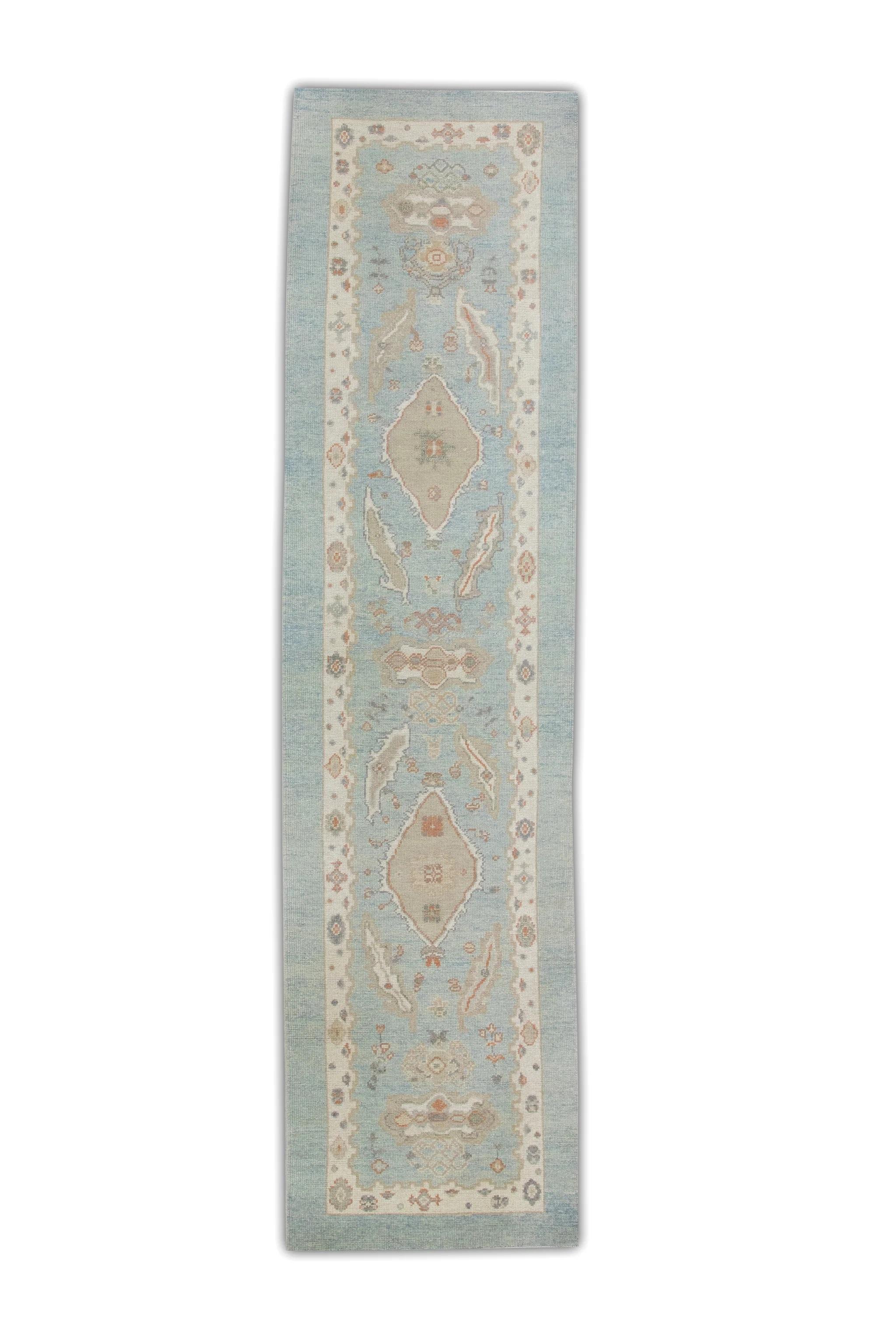Türkischer Oushak-Läufer aus handgewebter Wolle in rotem, geblümtem Design, 3' X 12'1