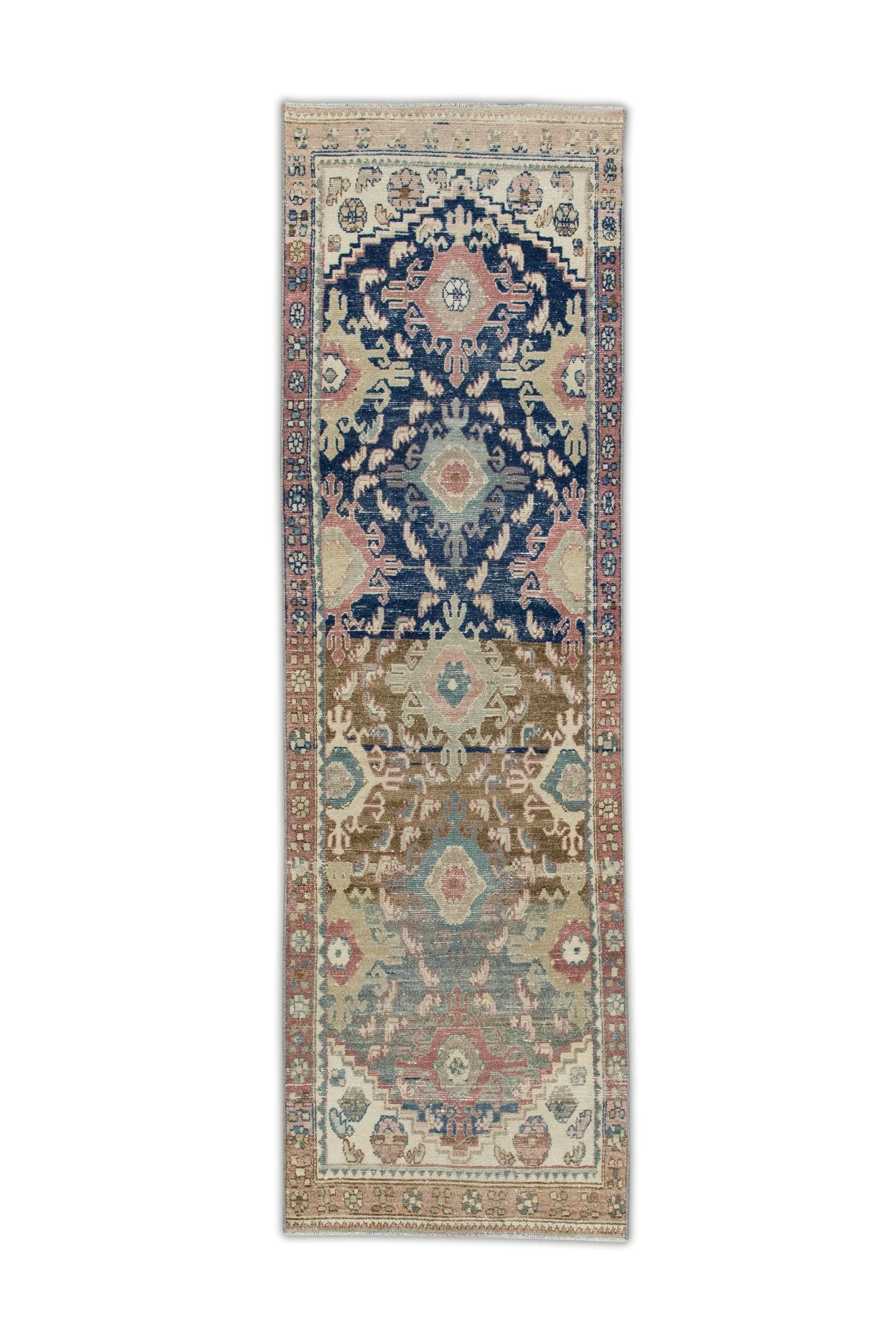 Milieu du XXe siècle Tapis de couloir vintage en laine tissée à la main à motifs floraux marron, bleu et rose 2'7