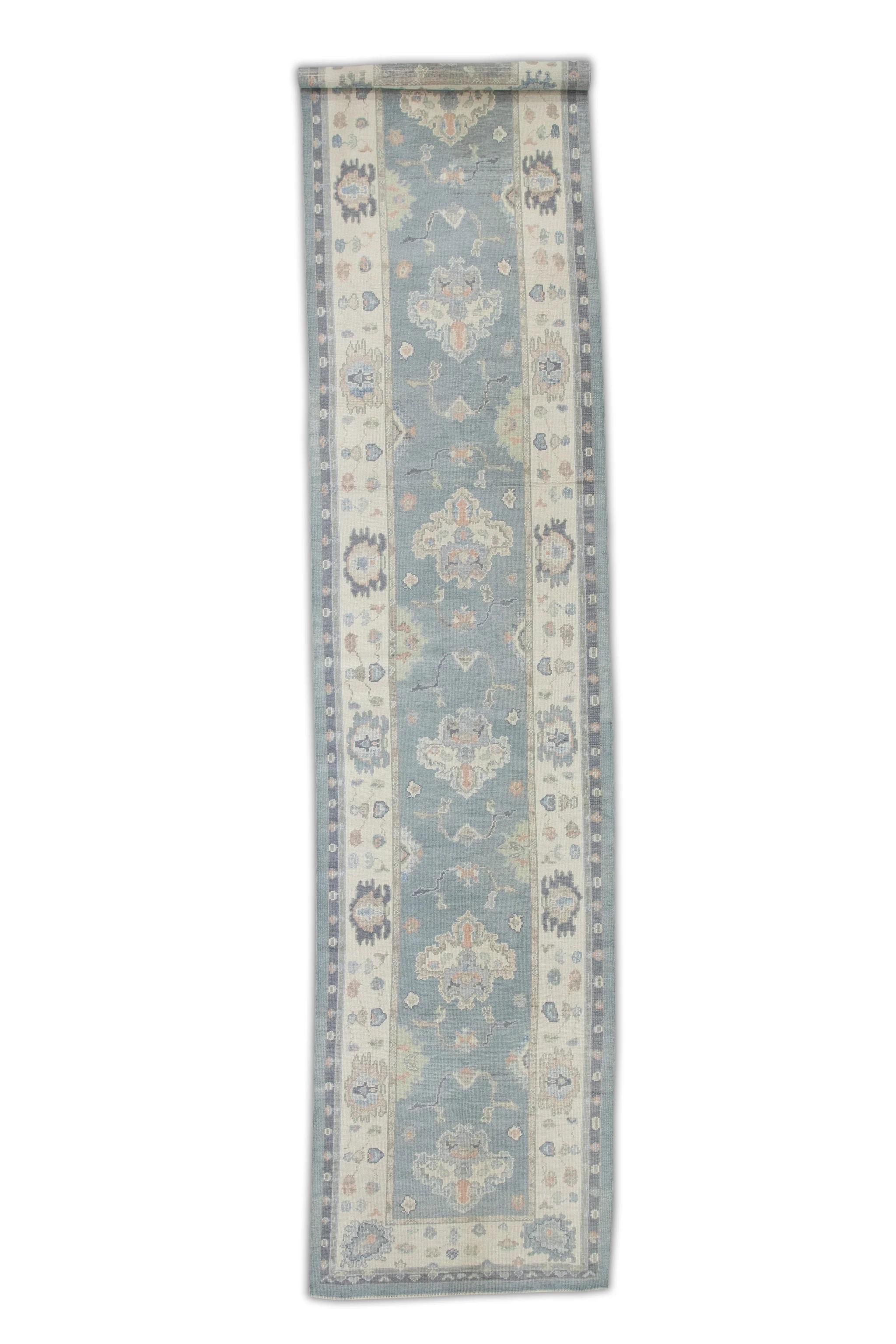 Soft Blue Floral Design Handwoven Wool Turkish Oushak Runner 3'11