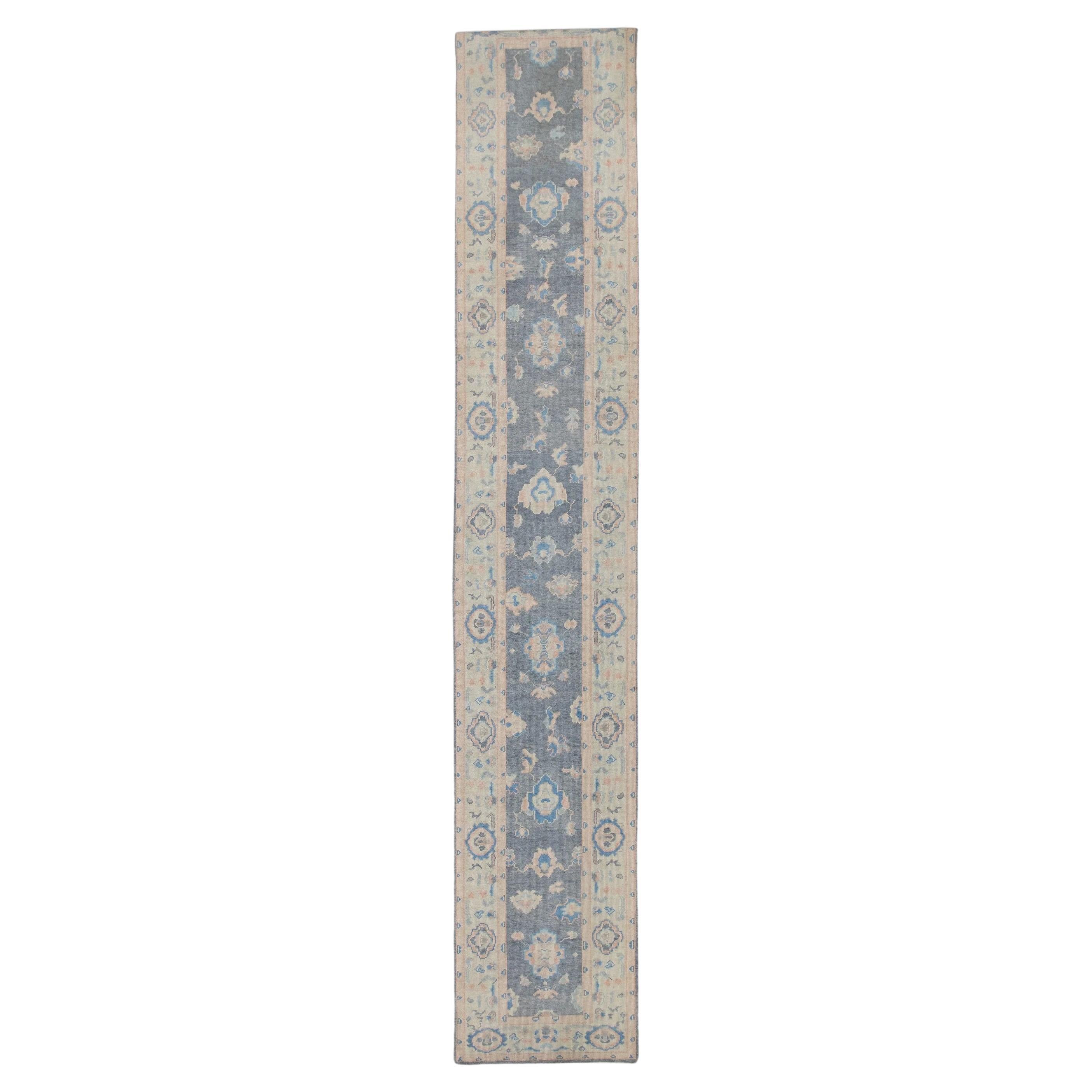 Salmon Pink & Blue Floral Handwoven Wool Turkish Oushak Runner 2'11" X 17' For Sale