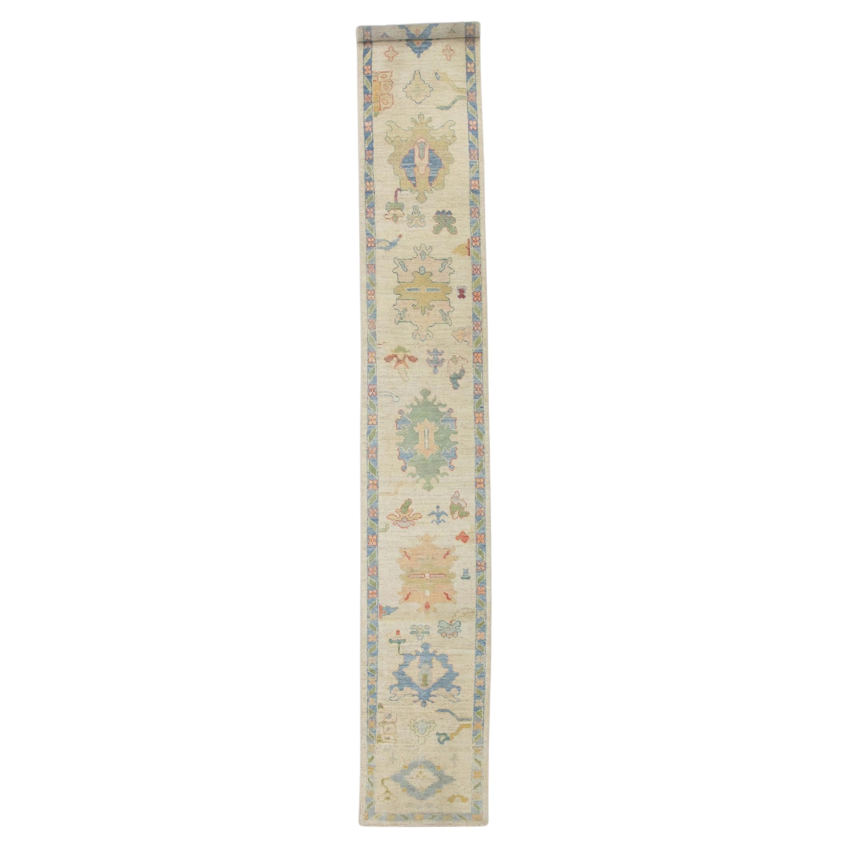 Cream Handwoven Wool Turkish Oushak Runner in Colorful Floral Design 2'7"x17'3"