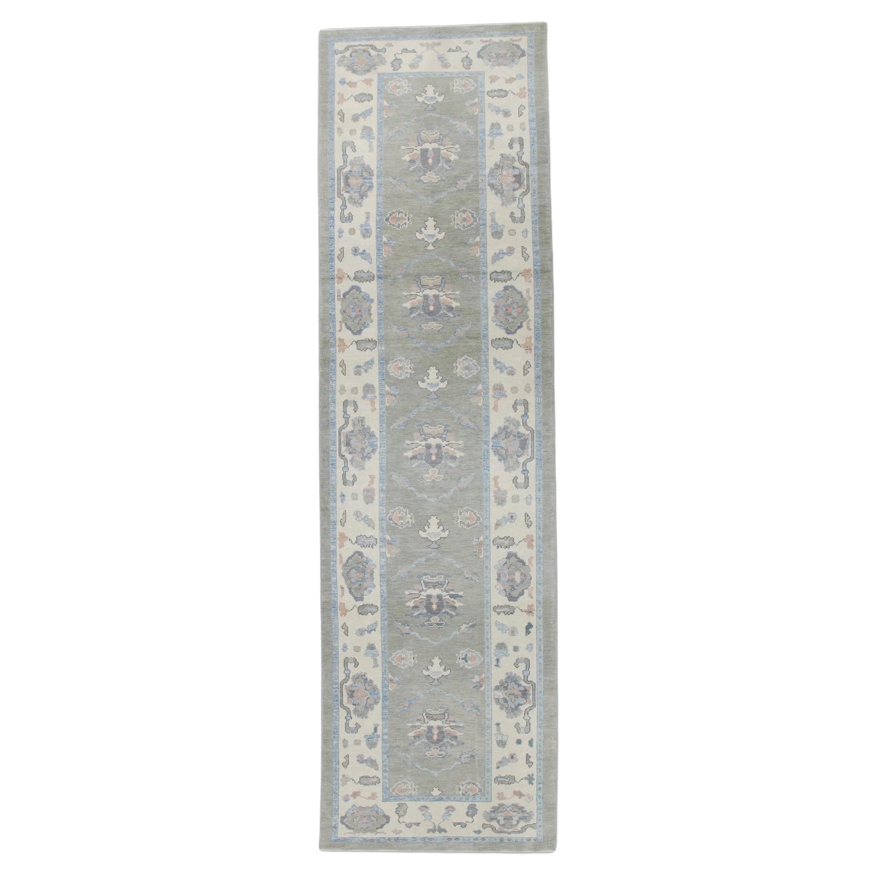 Green & Blue Floral Design Handwoven Wool Turkish Oushak Runner 4'2" x 14'8" For Sale