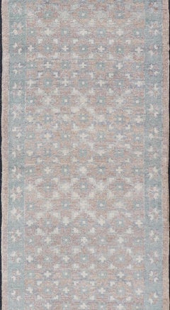 Modern Turkish Oushak Runner in Light Blue and Beige Tones with Allover Pattern