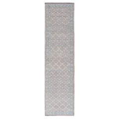 Modern Turkish Oushak Runner in Light Blue and Beige Tones with Allover Pattern