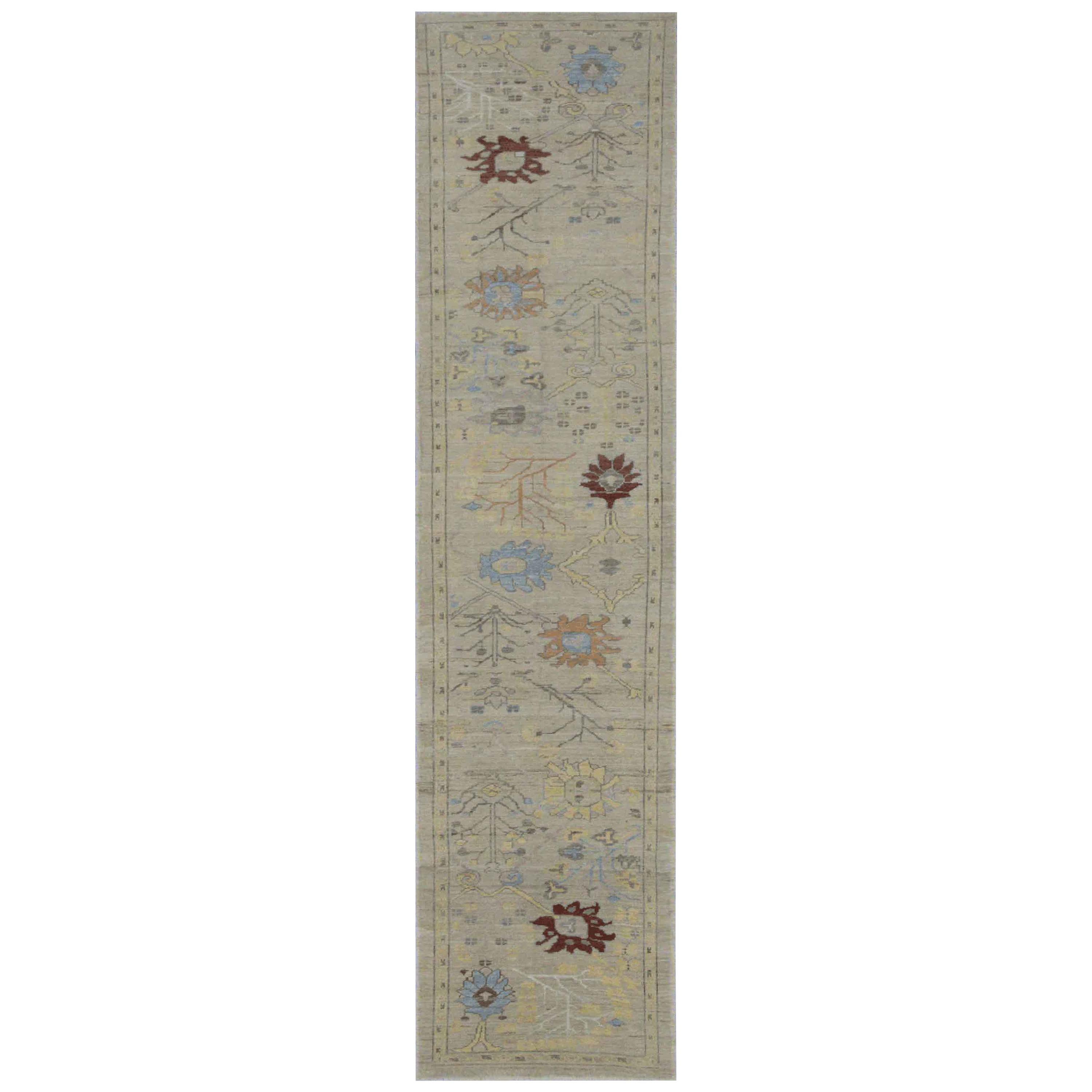 Modern Turkish Oushak Runner Rug in Ivory with Yellow and Blue Flowers Design