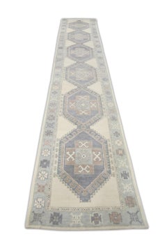 Modern Turkish Oushak Runner Rug Mauve Blue Medallion Design 3'1" x 16'8"