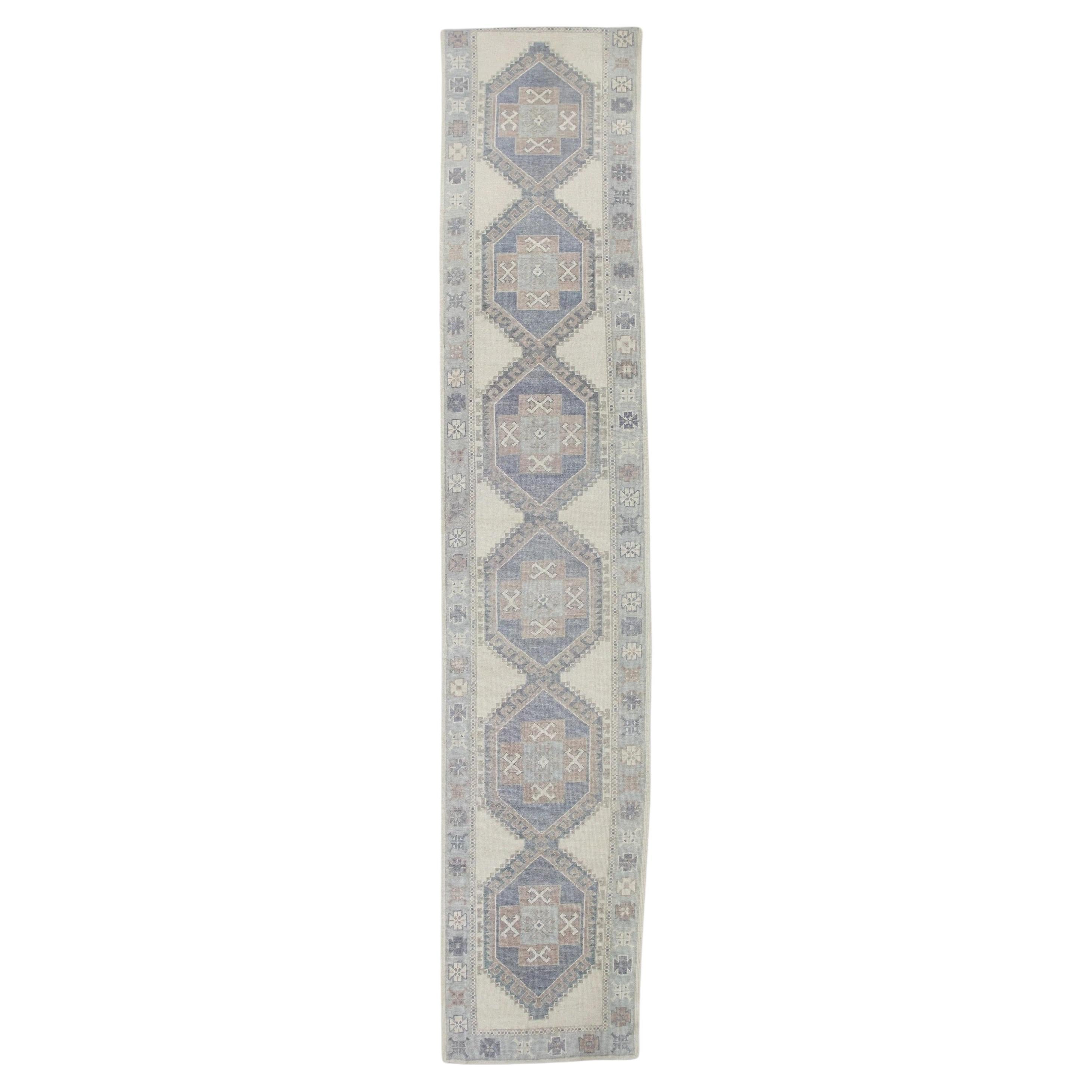 Modern Turkish Oushak Runner Rug Mauve Blue Medallion Design 3'1" x 16'8"