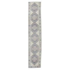 Modern Turkish Oushak Runner Rug Mauve Blue Medallion Design 3'1" x 16'8"