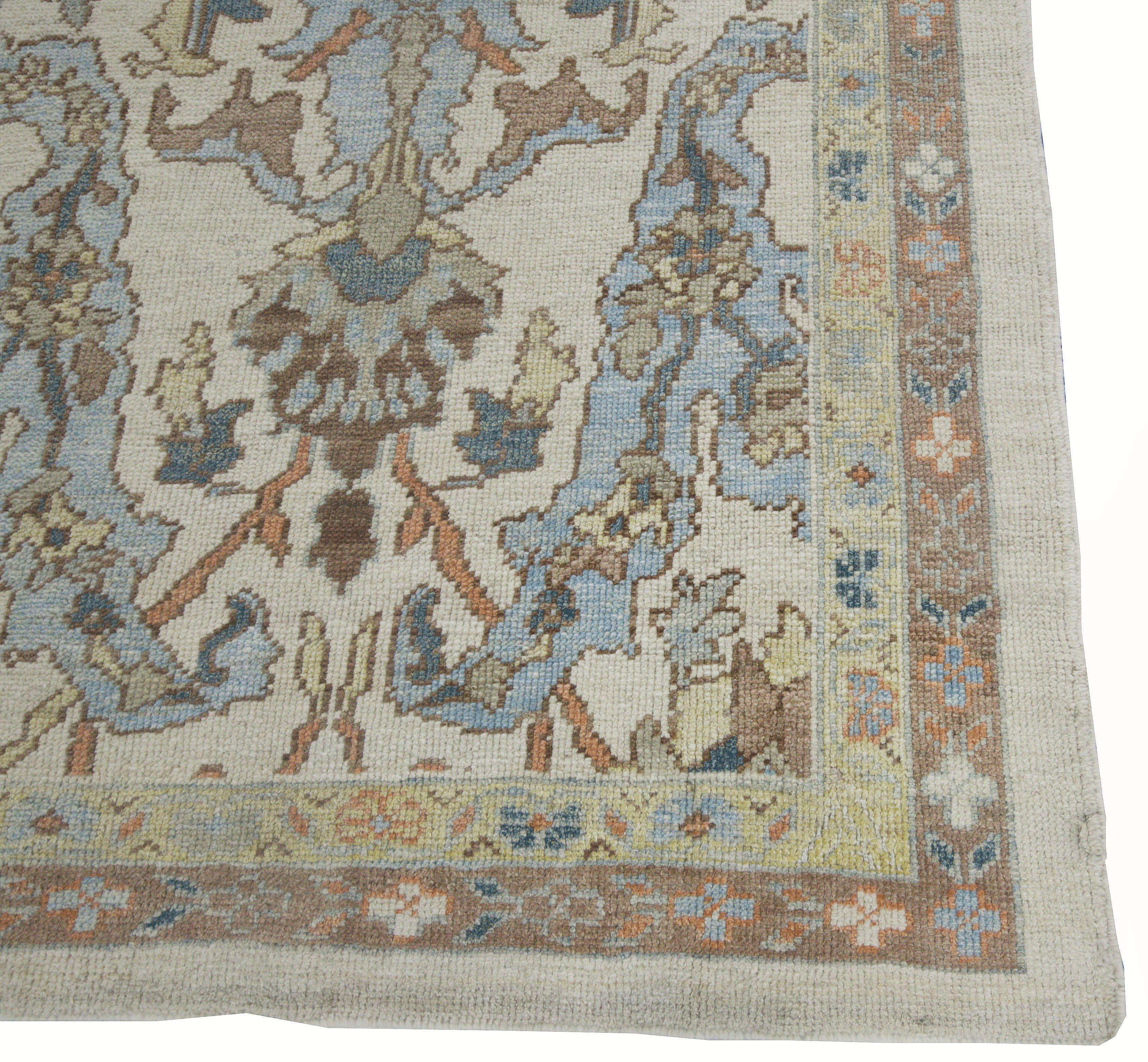 Modern Turkish Oushak Runner Rug with Blue Floral Details on Ivory Field In New Condition For Sale In Dallas, TX